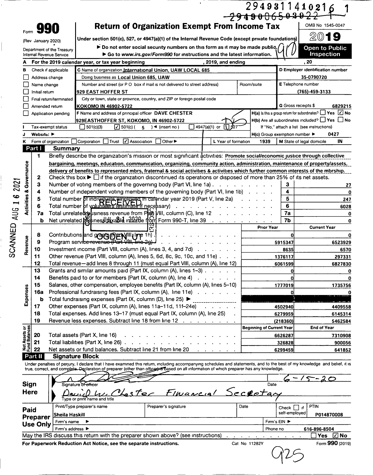 Image of first page of 2019 Form 990O for International Union UAW Local 685