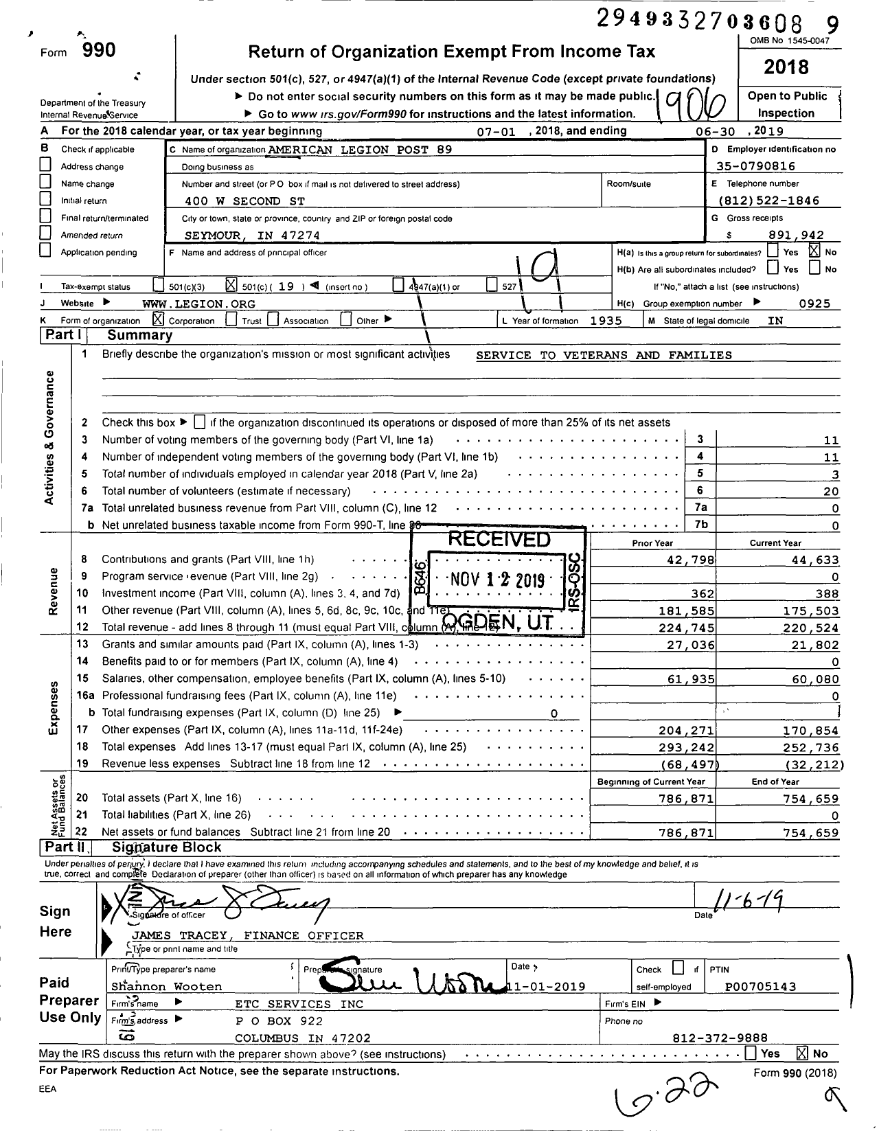 Image of first page of 2018 Form 990O for American Legion Post 89