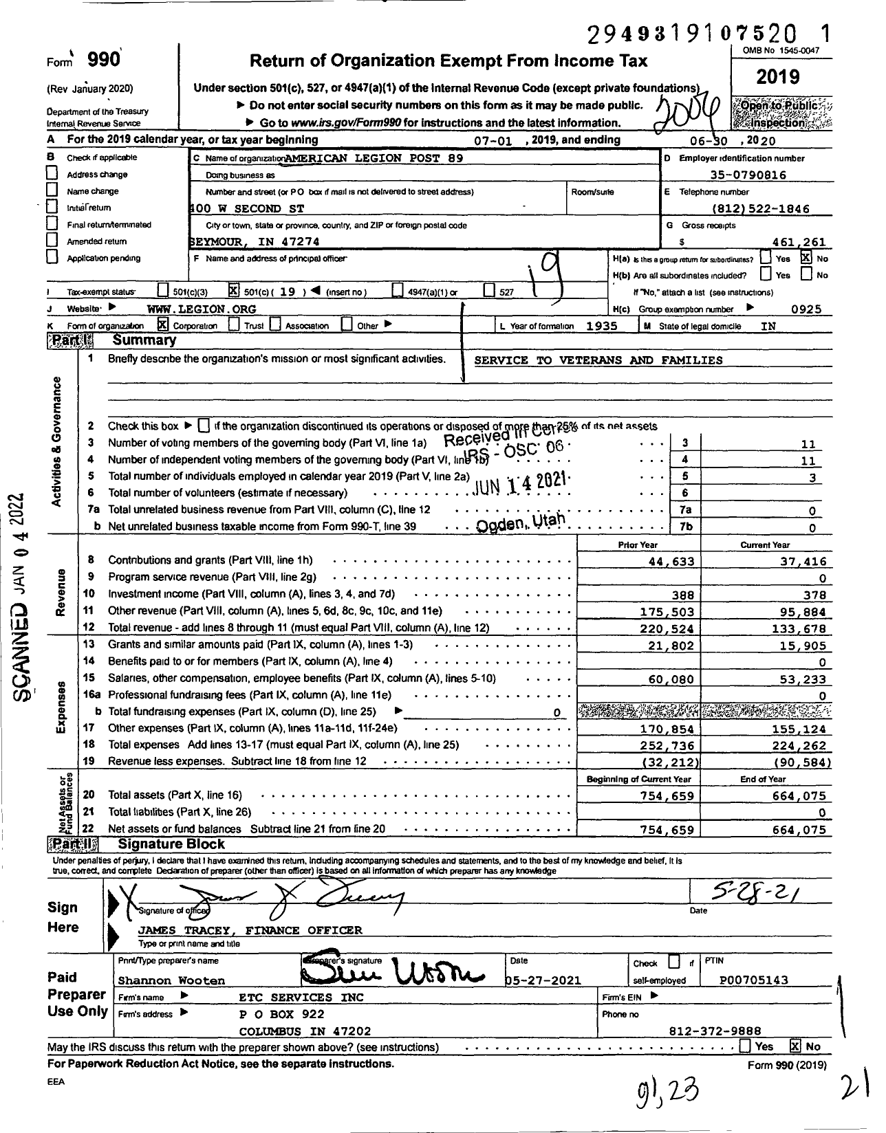 Image of first page of 2019 Form 990O for American Legion Post 89