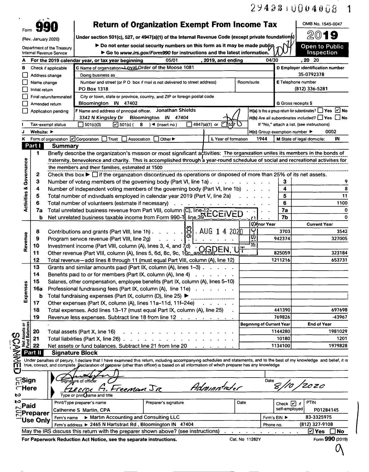 Image of first page of 2019 Form 990O for Loyal Order of Moose - 1081