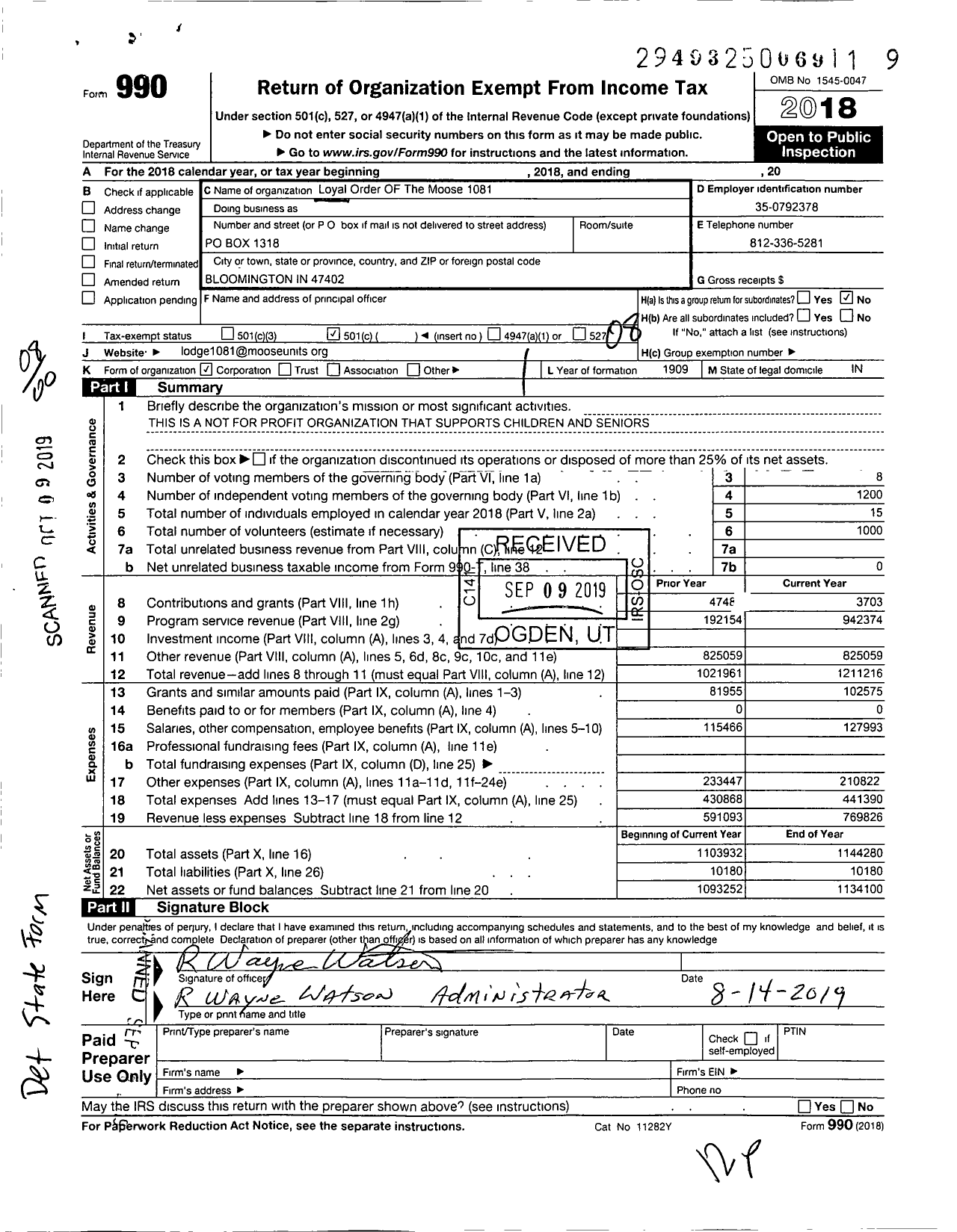 Image of first page of 2018 Form 990O for Loyal Order of Moose - 1081