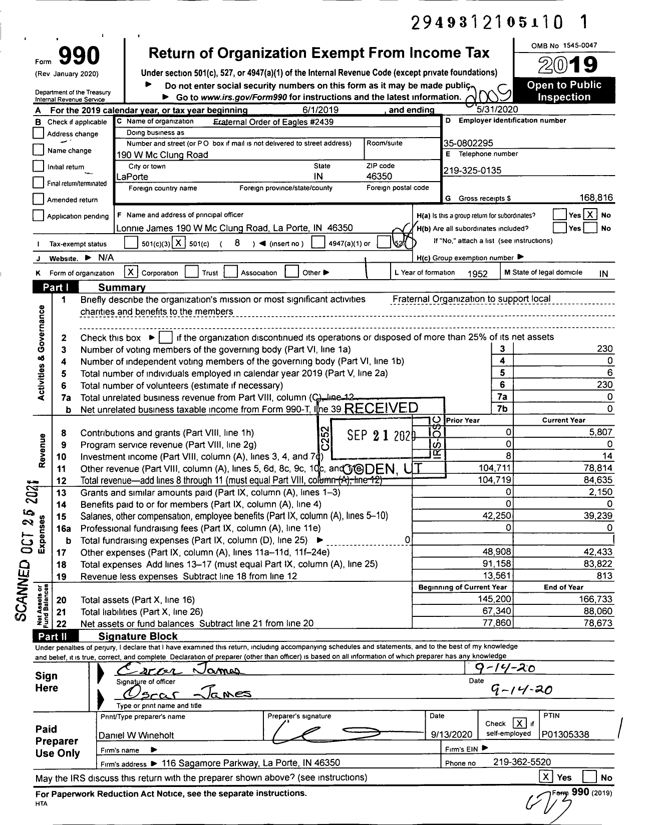 Image of first page of 2019 Form 990O for Fraternal Order of Eagles - 2439 Aerie