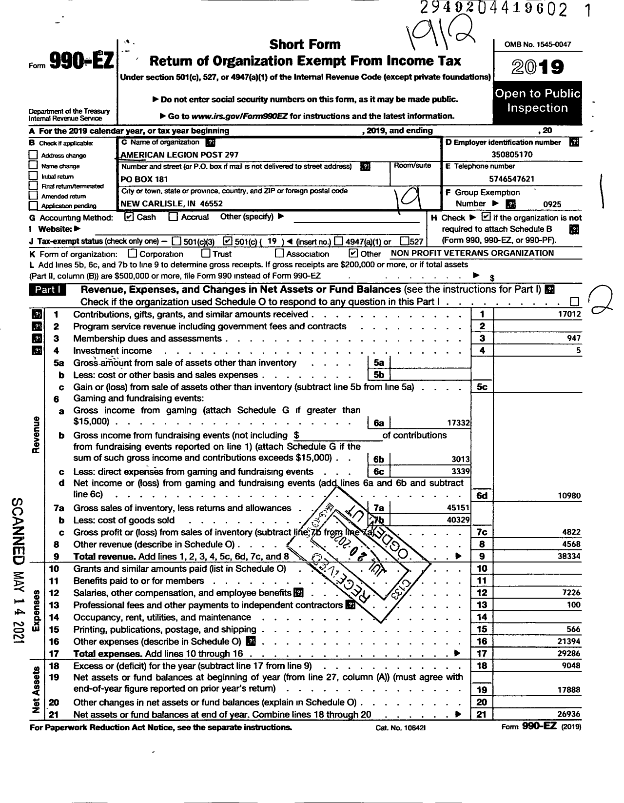 Image of first page of 2019 Form 990EO for American Legion - 297 New Carlisle