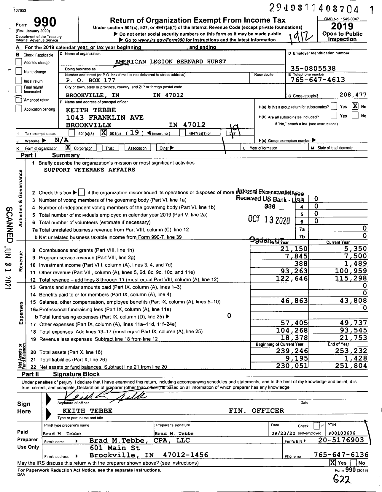 Image of first page of 2019 Form 990O for American Legion - Bernard Hurst Post No 77