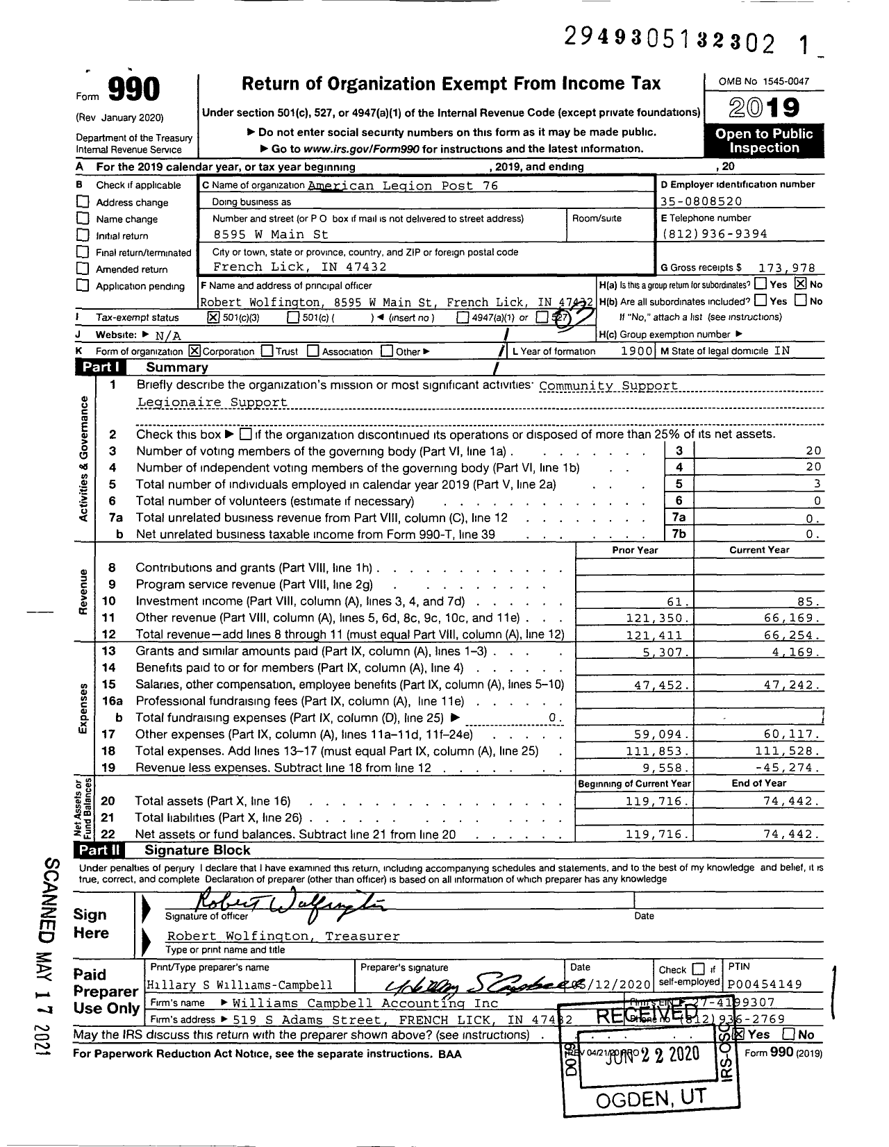 Image of first page of 2019 Form 990 for American Legion Post 76