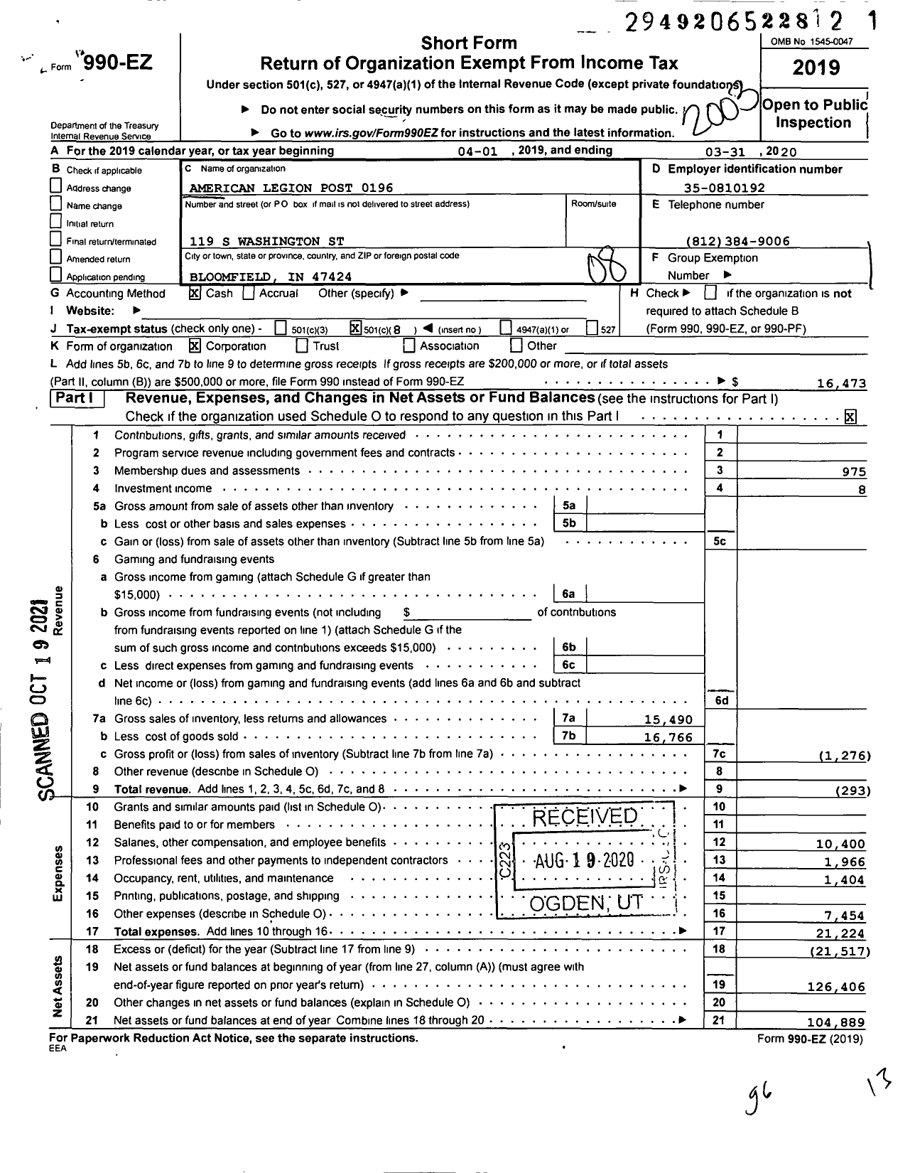 Image of first page of 2019 Form 990EO for American Legion - 0196 Memorial Post