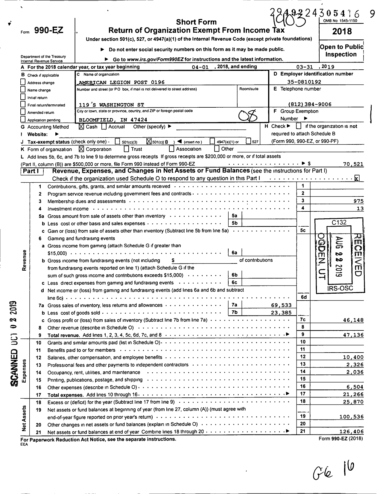 Image of first page of 2018 Form 990EO for American Legion - 0196 Memorial Post