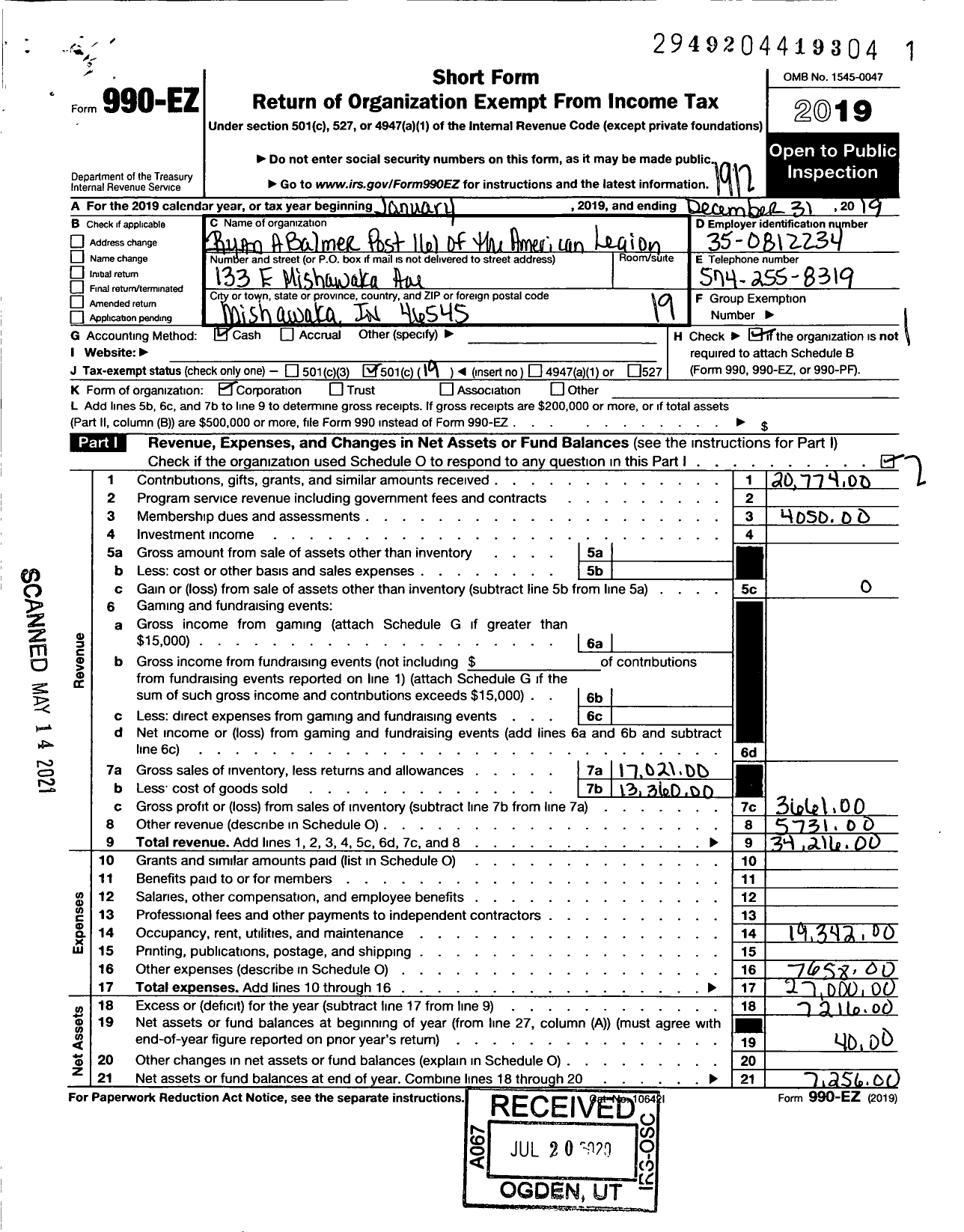 Image of first page of 2019 Form 990EO for American Legion - 161 Ryan A Balmer