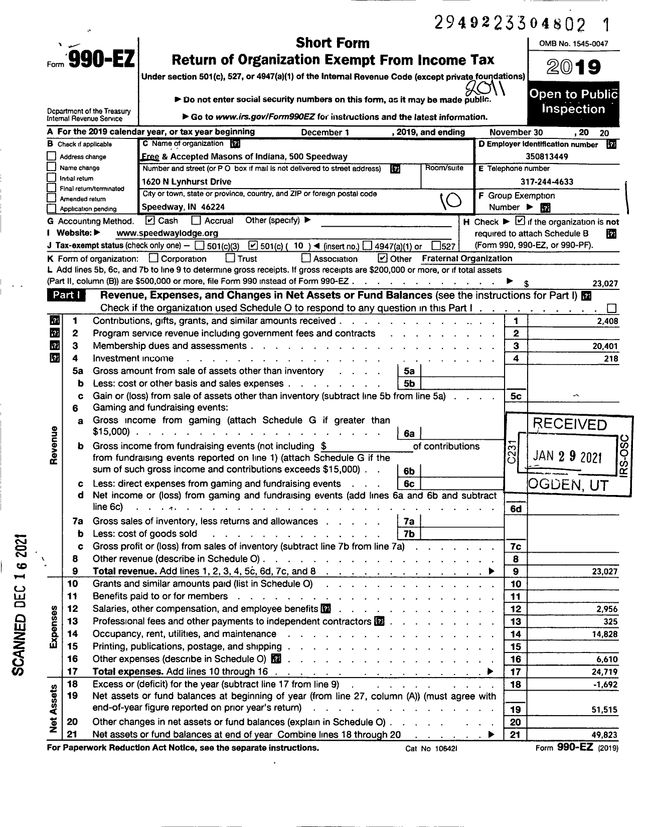 Image of first page of 2019 Form 990EO for Free & Accepted Masons of Indiana - 500 Speedway