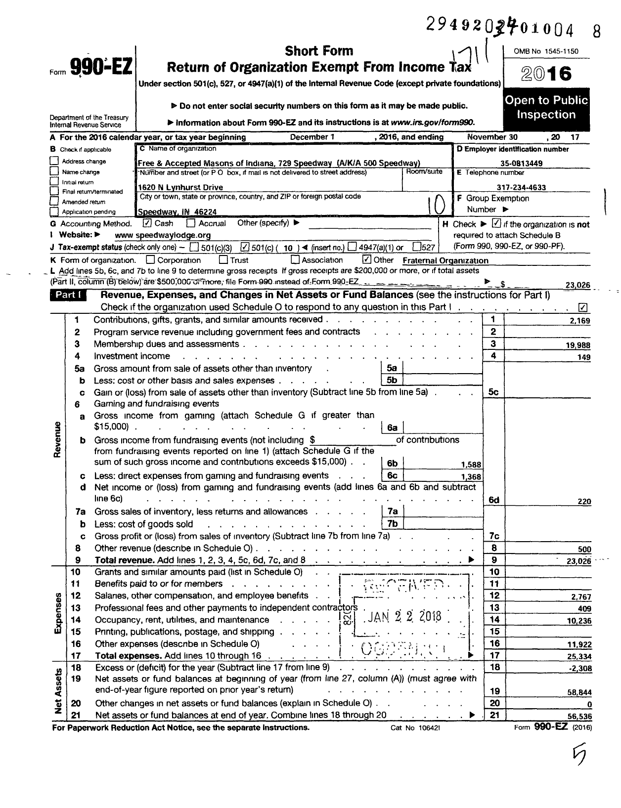 Image of first page of 2016 Form 990EO for Free & Accepted Masons of Indiana - 500 Speedway