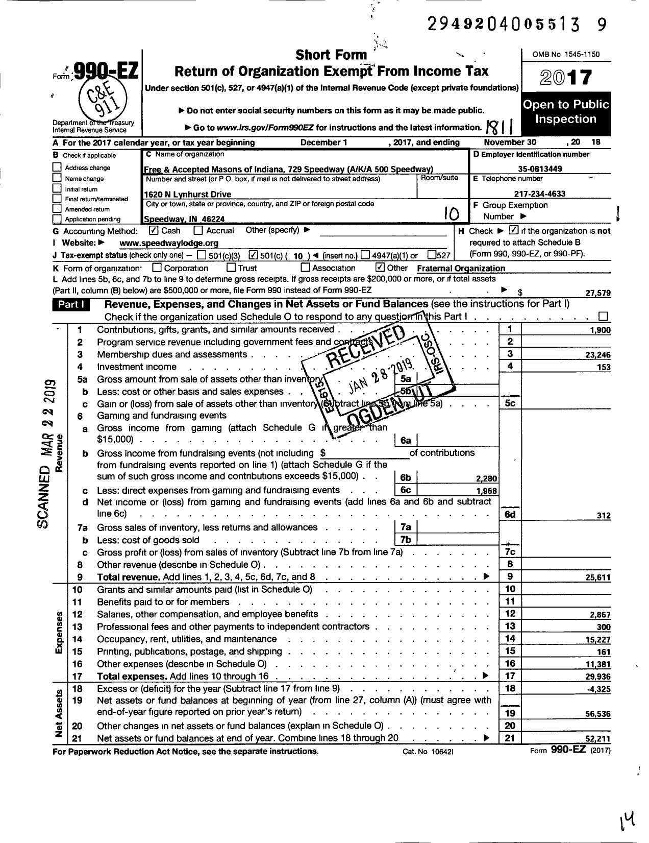 Image of first page of 2017 Form 990EO for Free & Accepted Masons of Indiana - 500 Speedway