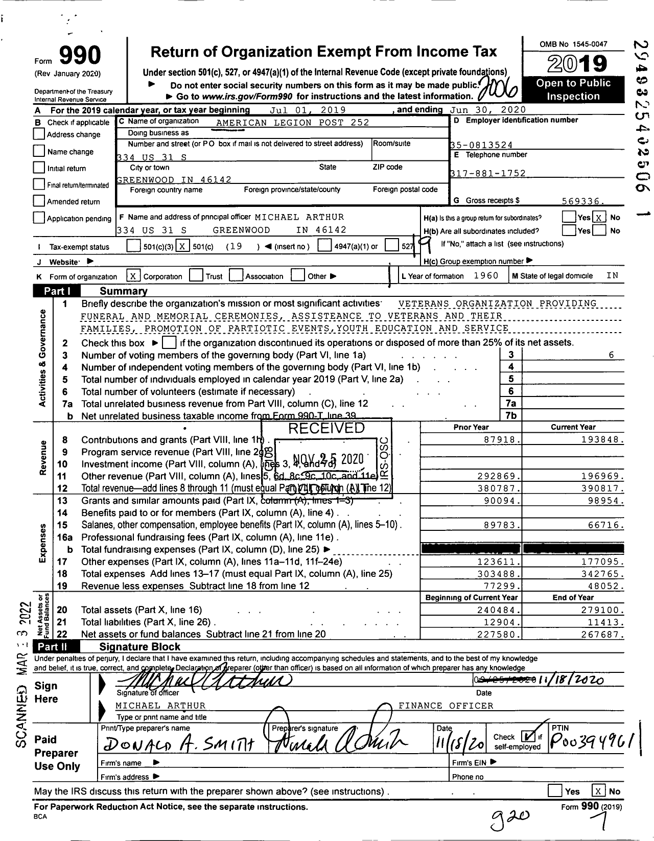 Image of first page of 2019 Form 990O for American Legion Post 252