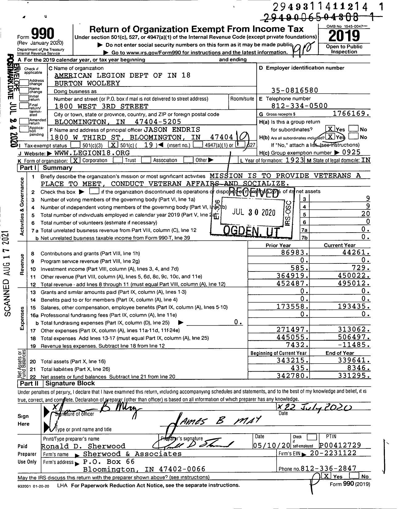 Image of first page of 2019 Form 990O for American Legion - 18 Burton Woolery Post