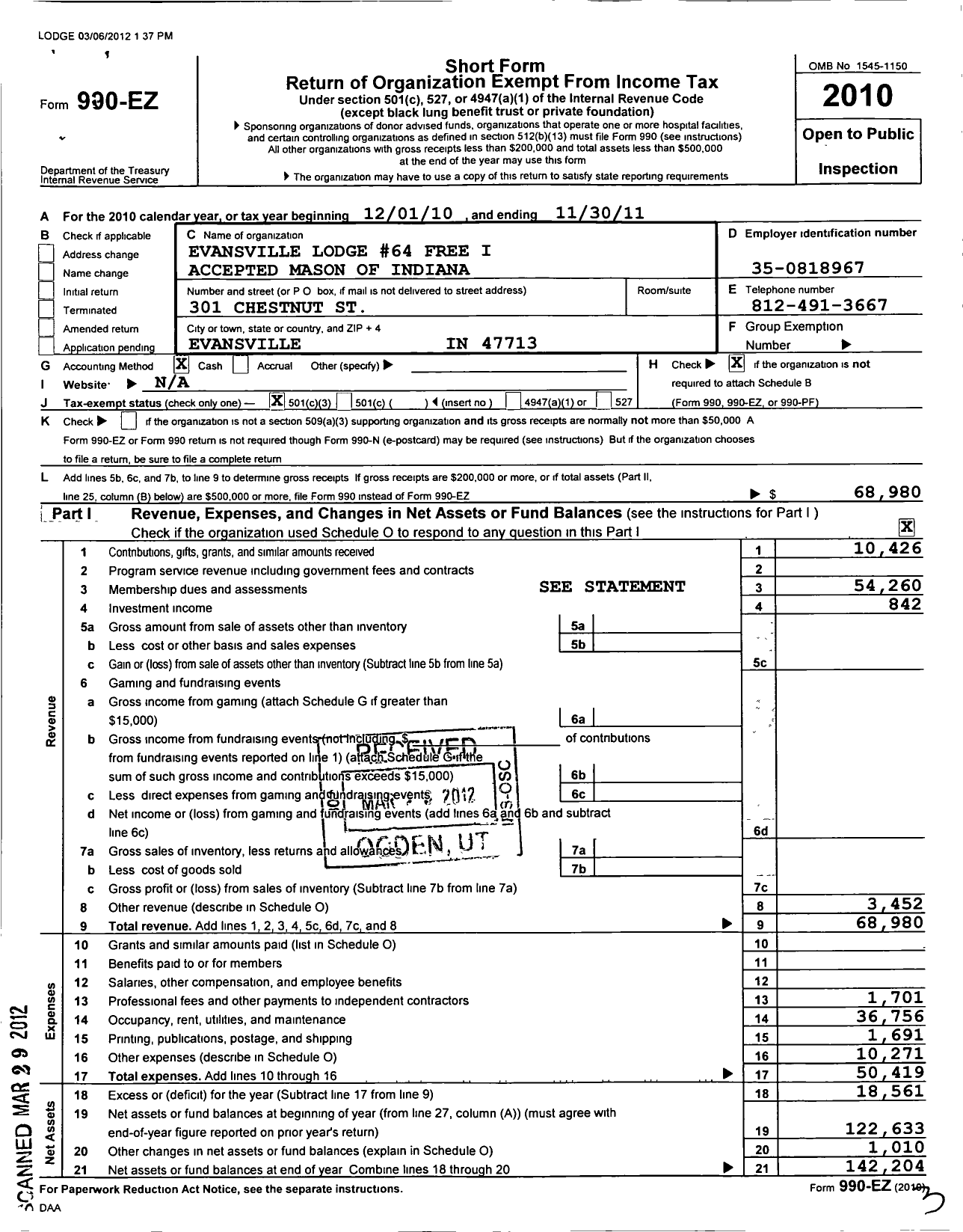 Image of first page of 2010 Form 990EZ for Free & Accepted Masons of Indiana - 64 Evansville Lodge