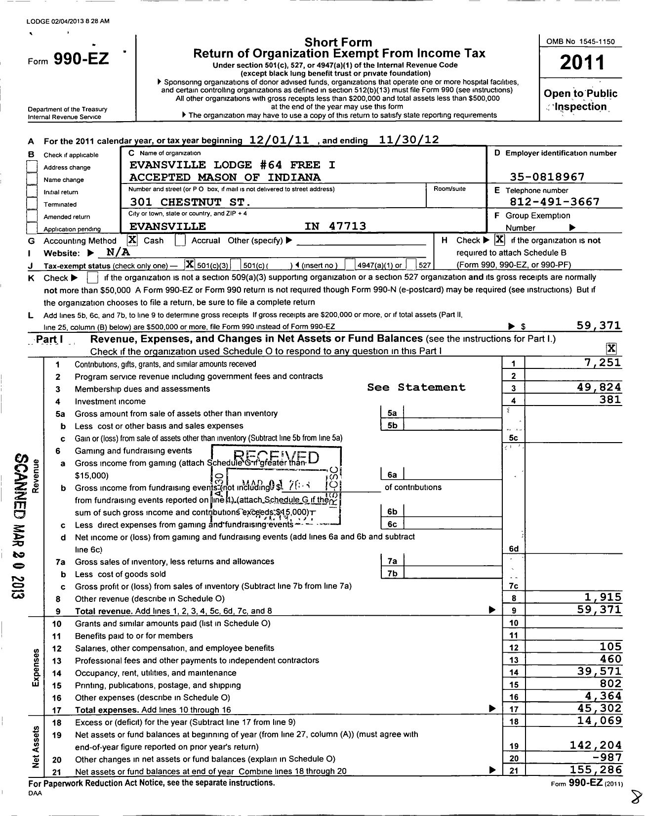 Image of first page of 2011 Form 990EZ for Free & Accepted Masons of Indiana - 64 Evansville Lodge