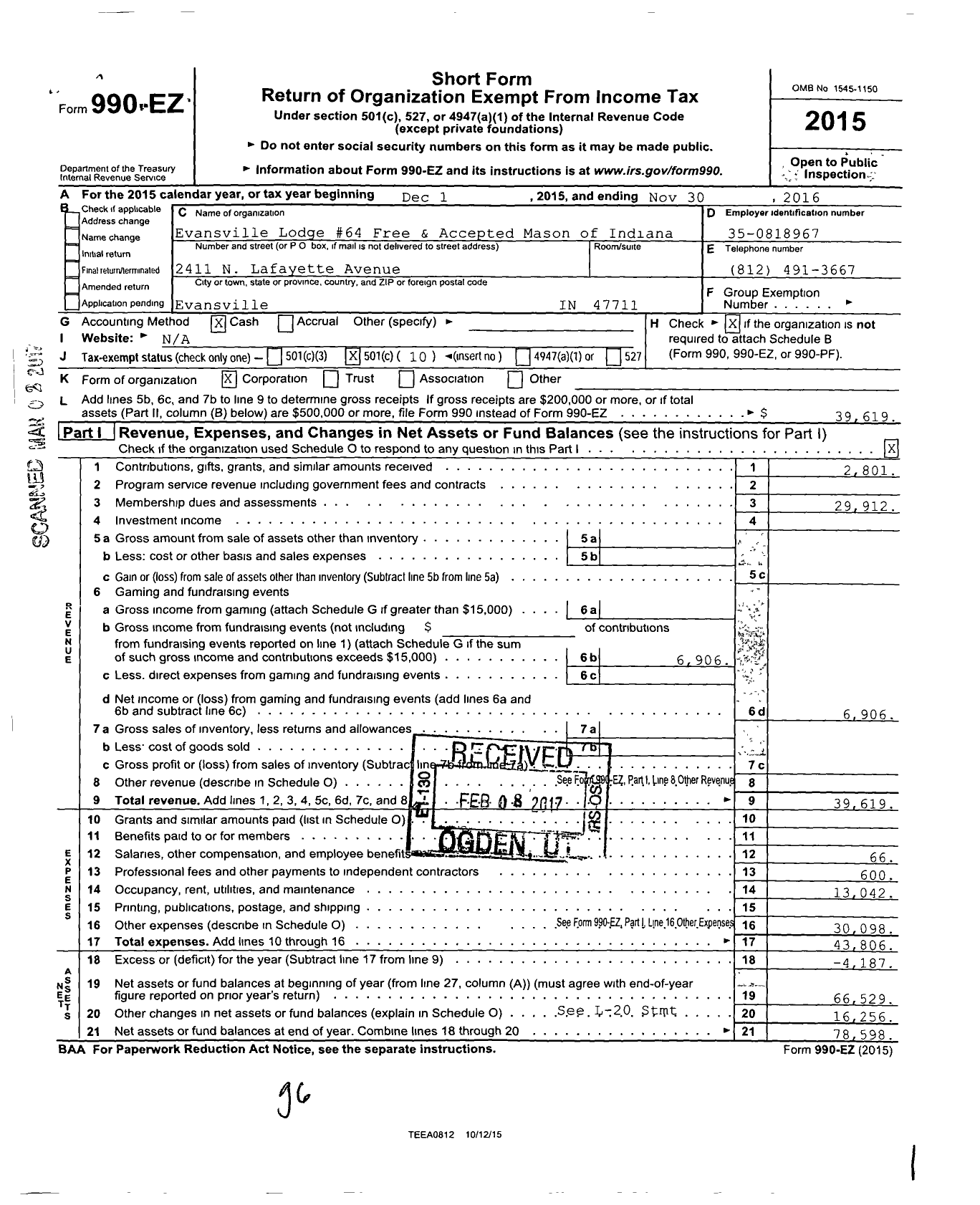 Image of first page of 2015 Form 990EO for Free & Accepted Masons of Indiana - 64 Evansville Lodge