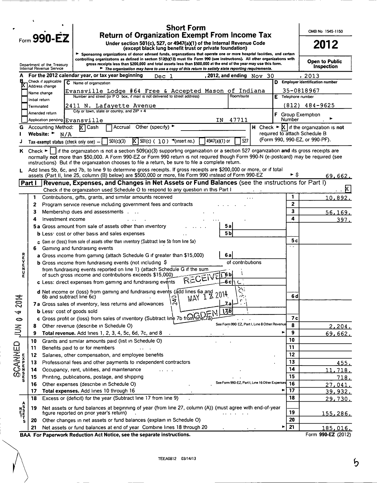 Image of first page of 2012 Form 990EO for Free & Accepted Masons of Indiana - 64 Evansville Lodge