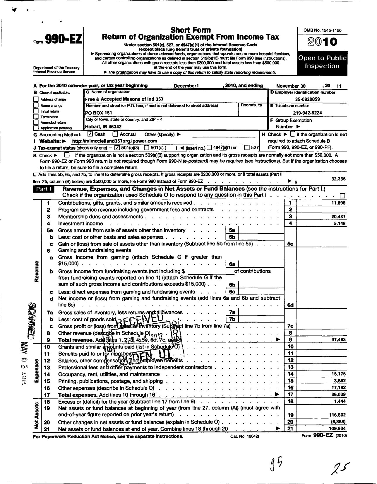 Image of first page of 2010 Form 990EZ for Free & Accepted Masons of Indiana - 357 M L Mcclelland Lodge