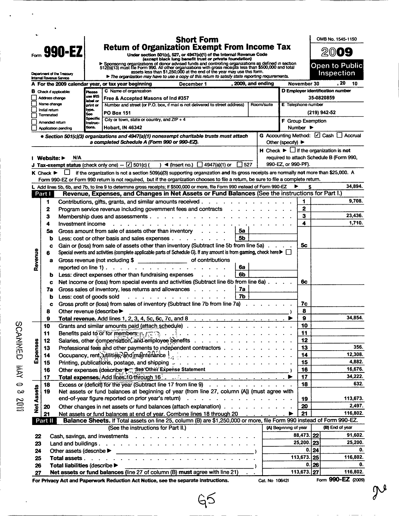 Image of first page of 2009 Form 990EO for Free & Accepted Masons of Indiana - 357 M L Mcclelland Lodge