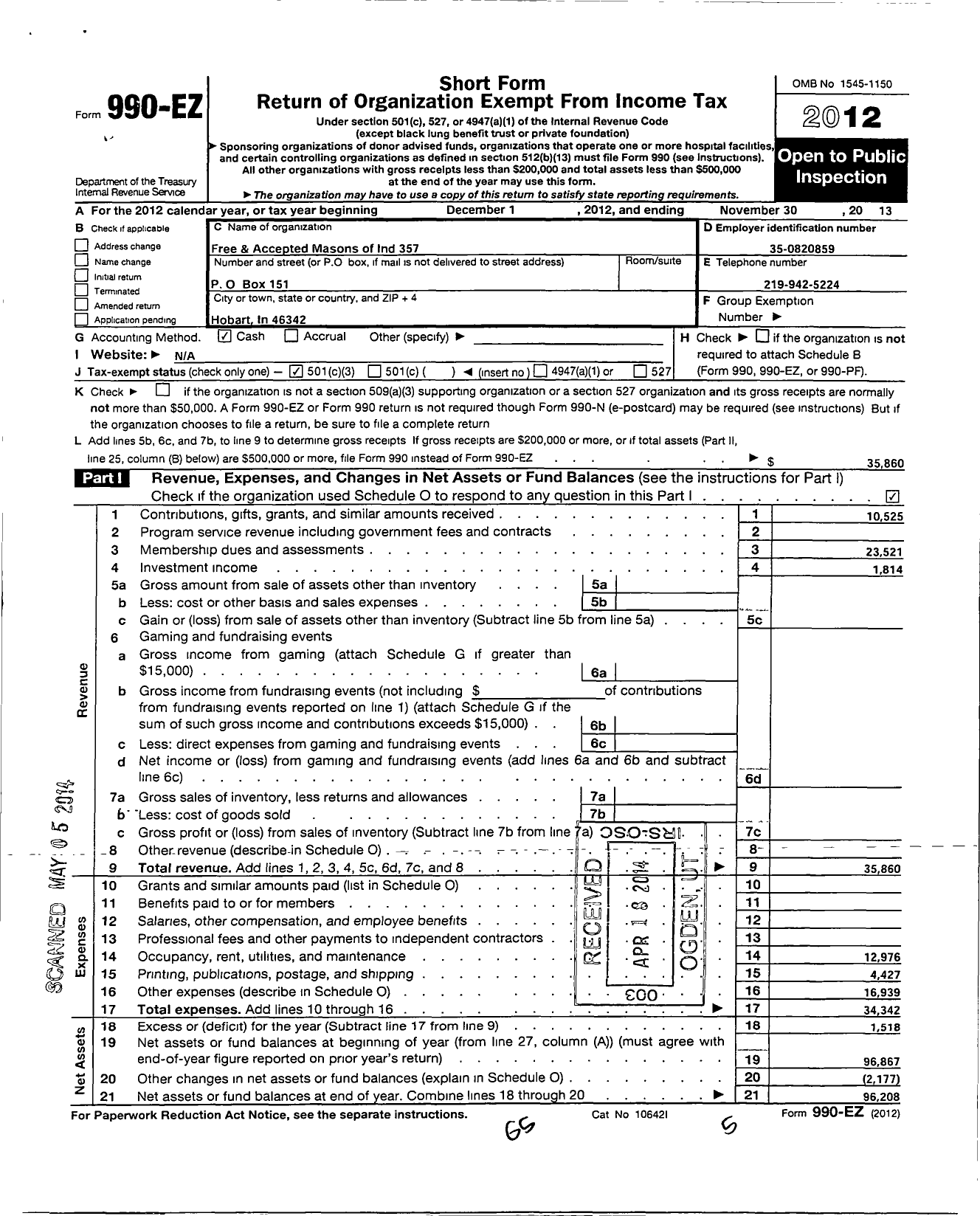 Image of first page of 2013 Form 990EZ for Free & Accepted Masons of Indiana - 357 M L Mcclelland Lodge