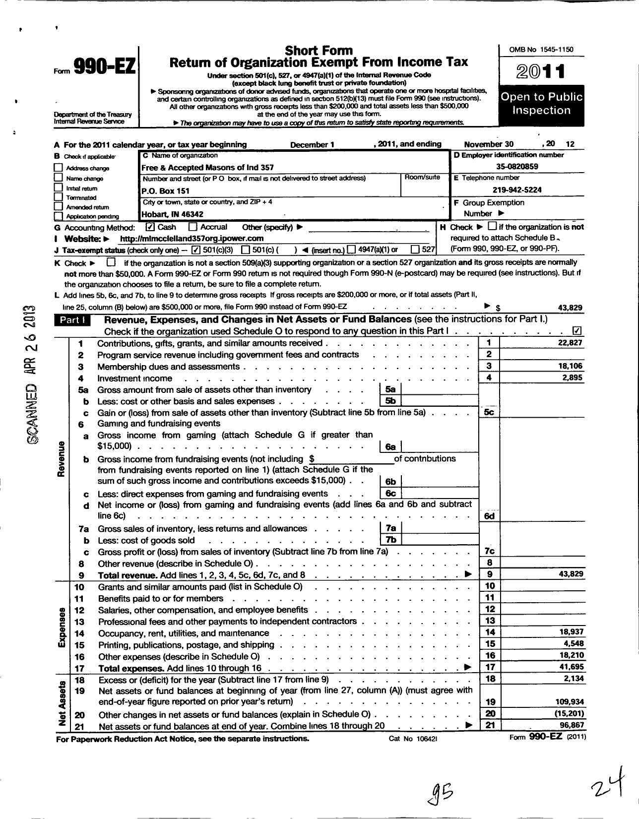 Image of first page of 2011 Form 990EZ for Free & Accepted Masons of Indiana - 357 M L Mcclelland Lodge