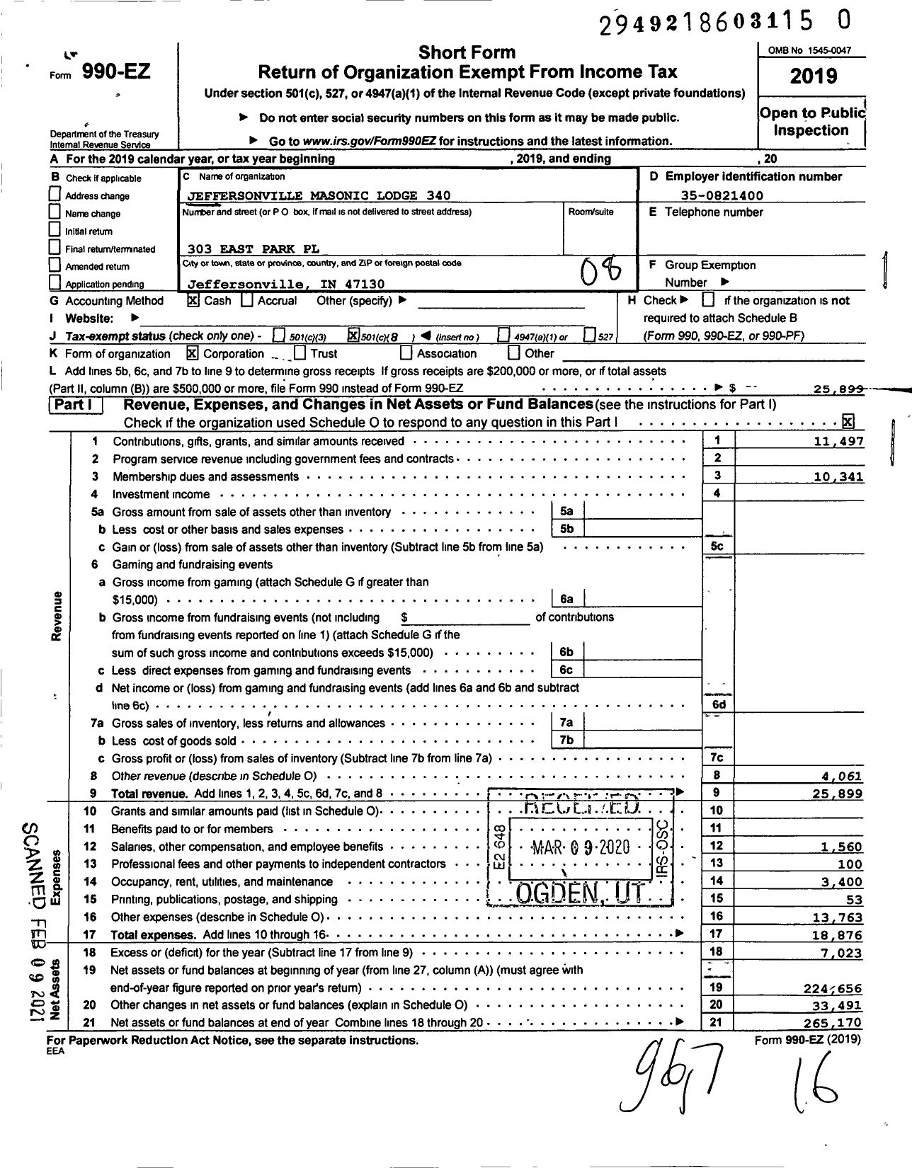 Image of first page of 2019 Form 990EO for Free & Accepted Masons of Indiana - 340 Jeffersonville Lodge