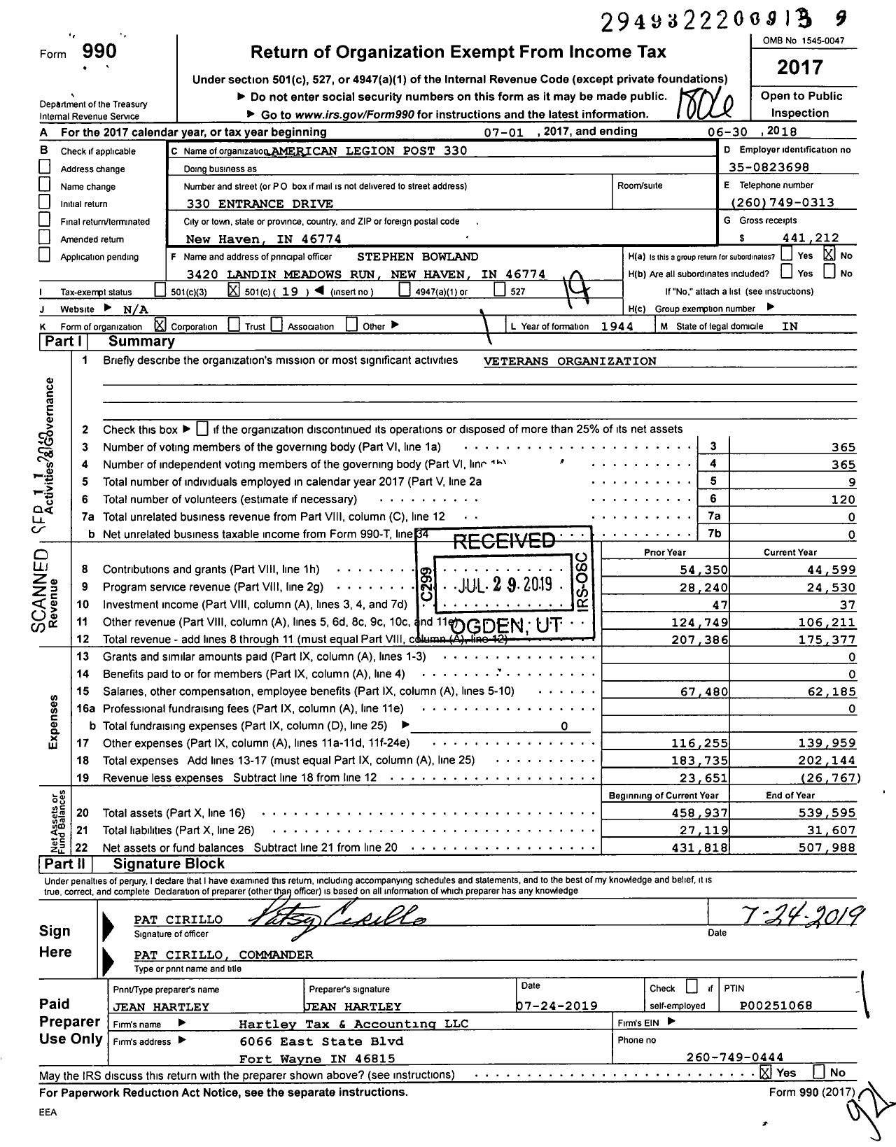 Image of first page of 2017 Form 990O for American Legion Post 330