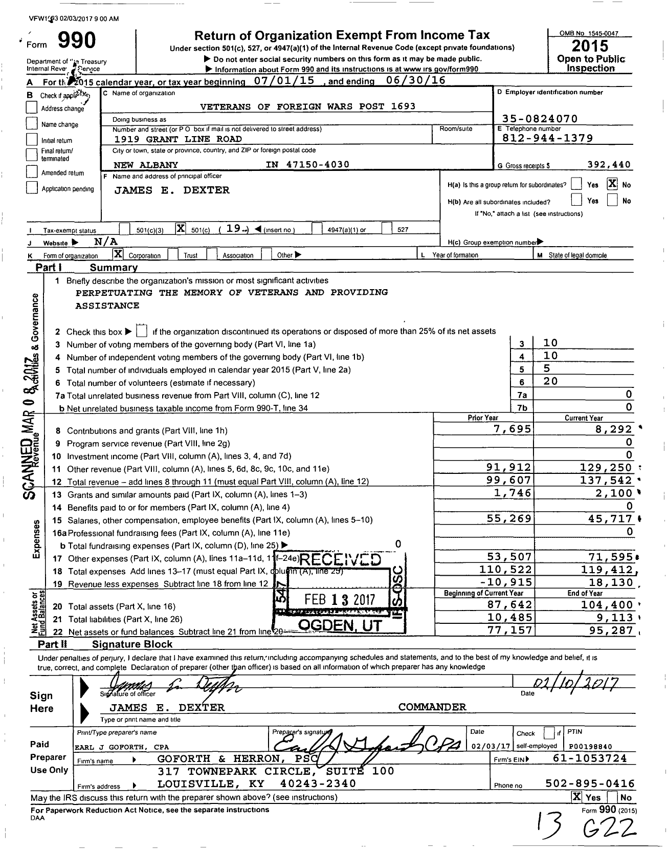 Image of first page of 2015 Form 990O for VFW Department of Indiana - 1693 Vfw-Ind Hobart Beach