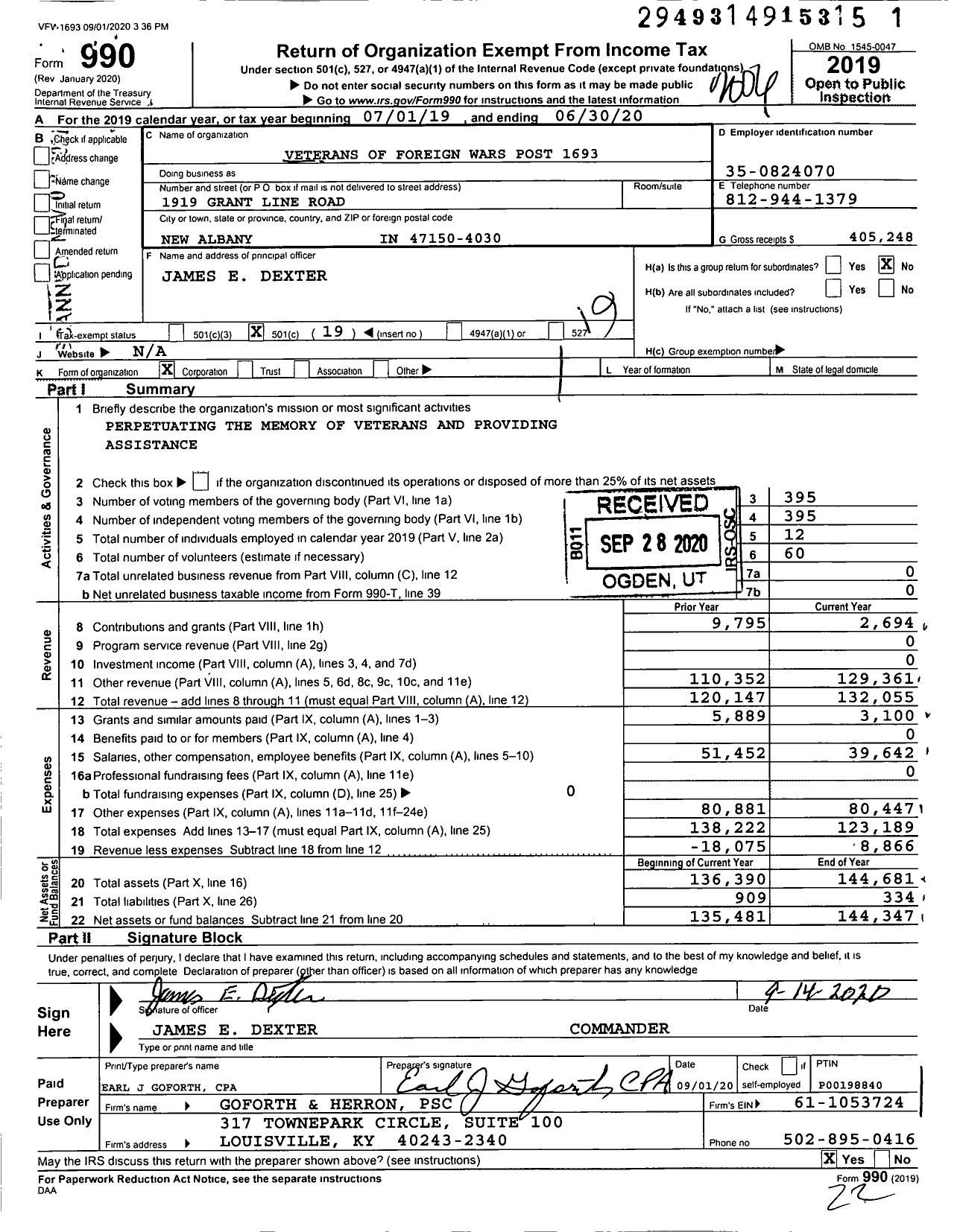 Image of first page of 2019 Form 990O for VFW Department of Indiana - 1693 Vfw-Ind Hobart Beach