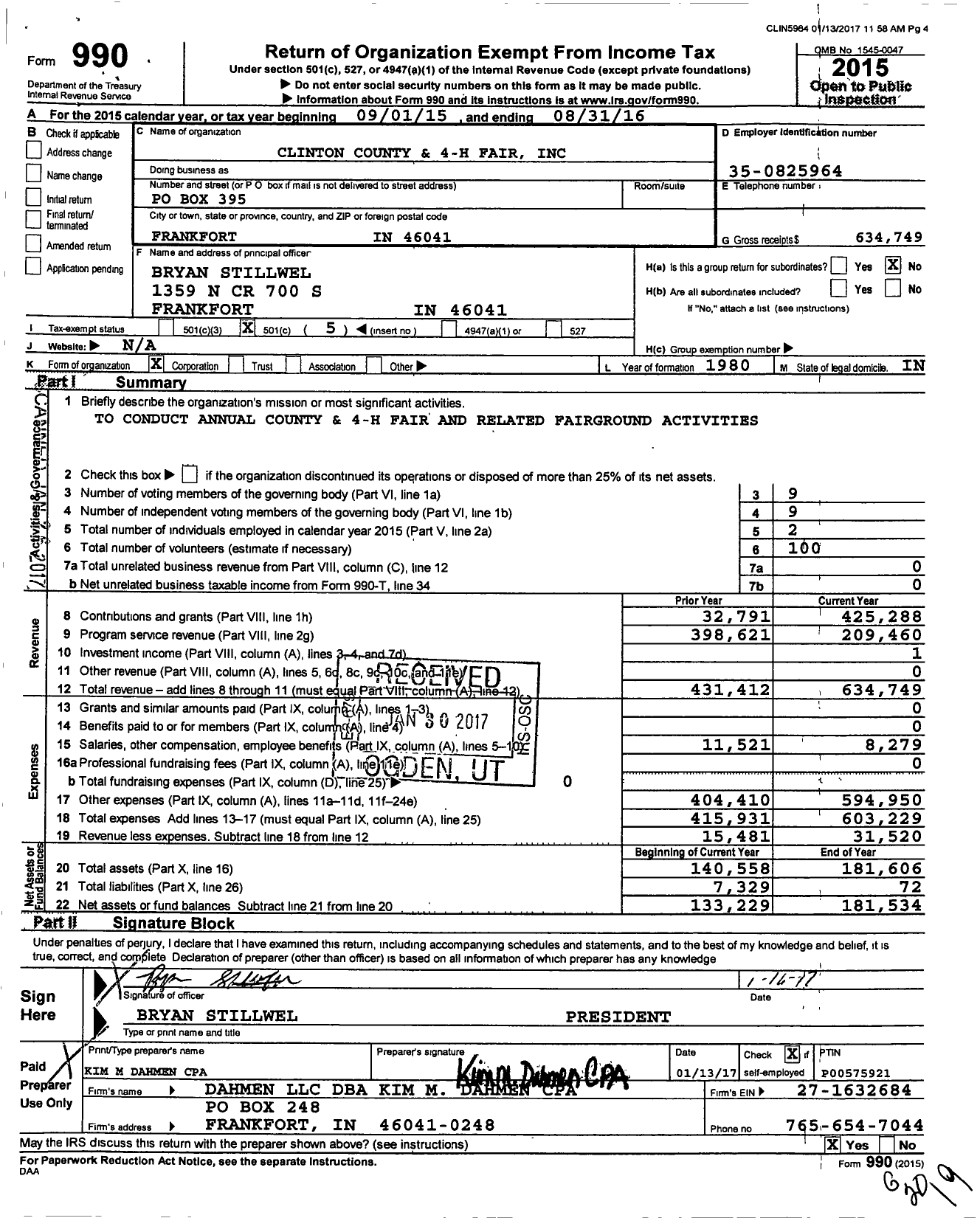 Image of first page of 2015 Form 990O for Clinton County and 4-H Fair Clinton County and 4-H Fair