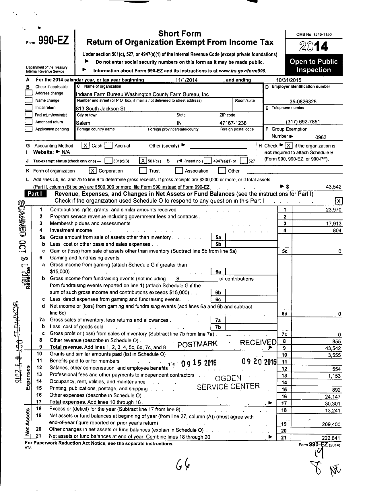 Image of first page of 2014 Form 990EO for Indiana Farm Bureau Washington County Farm Bureau