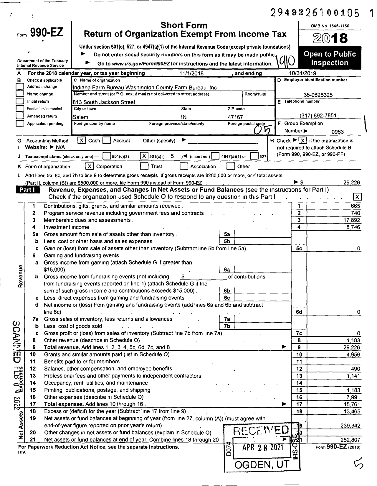 Image of first page of 2018 Form 990EO for Indiana Farm Bureau Washington County Farm Bureau