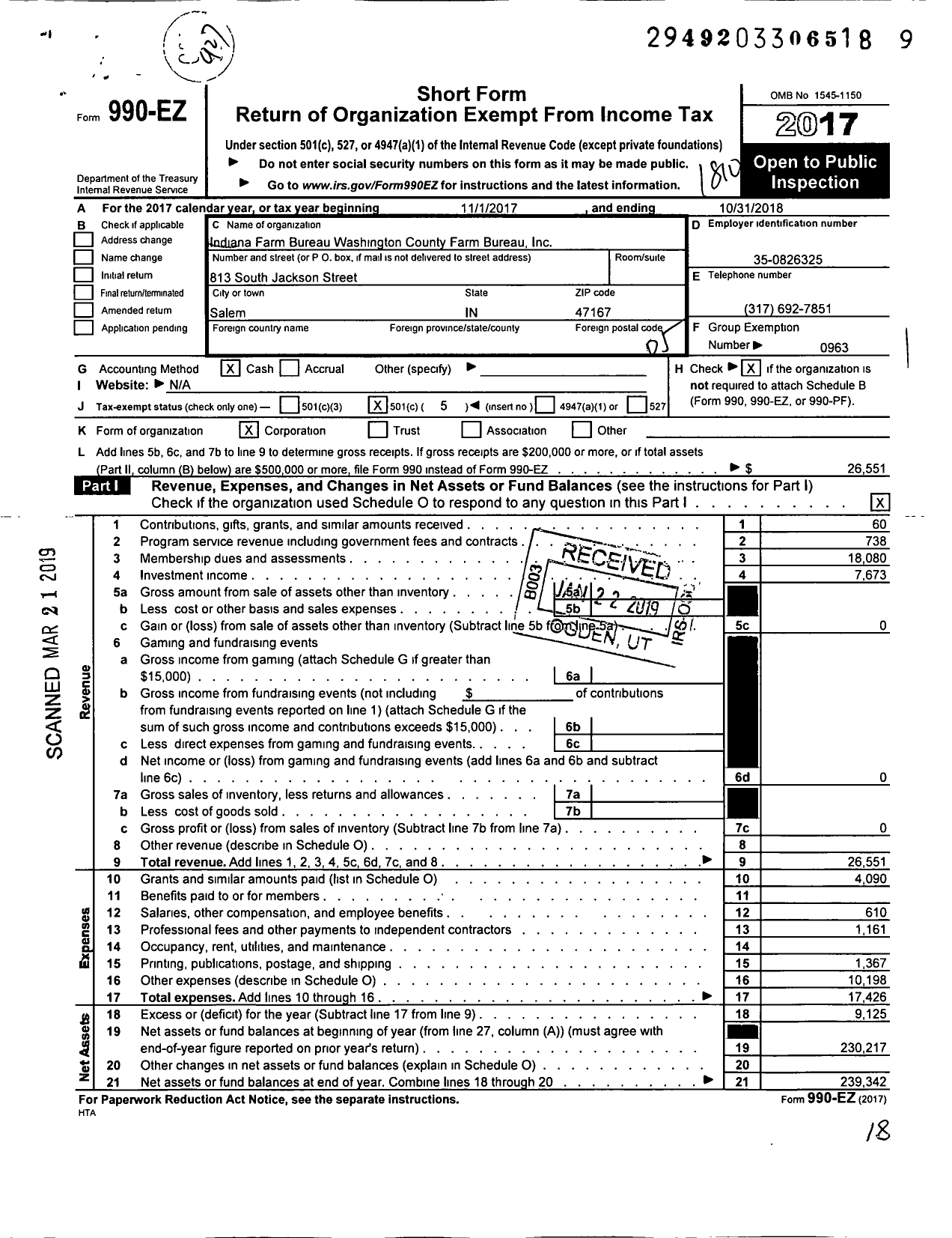 Image of first page of 2017 Form 990EO for Indiana Farm Bureau Washington County Farm Bureau