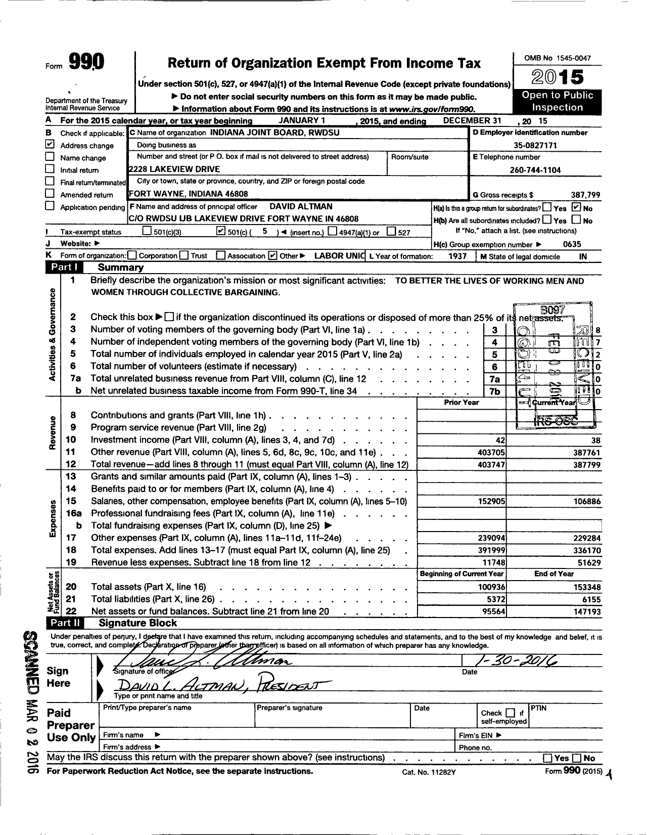 Image of first page of 2015 Form 990O for Retail Wholesale and Department Store Union
