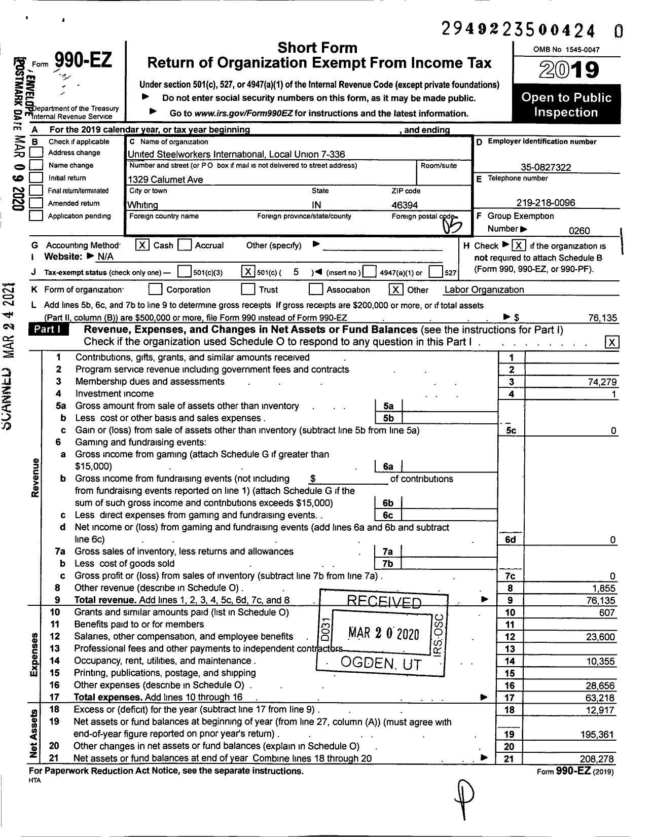 Image of first page of 2019 Form 990EO for United Steelworkers - 7-00336 Local