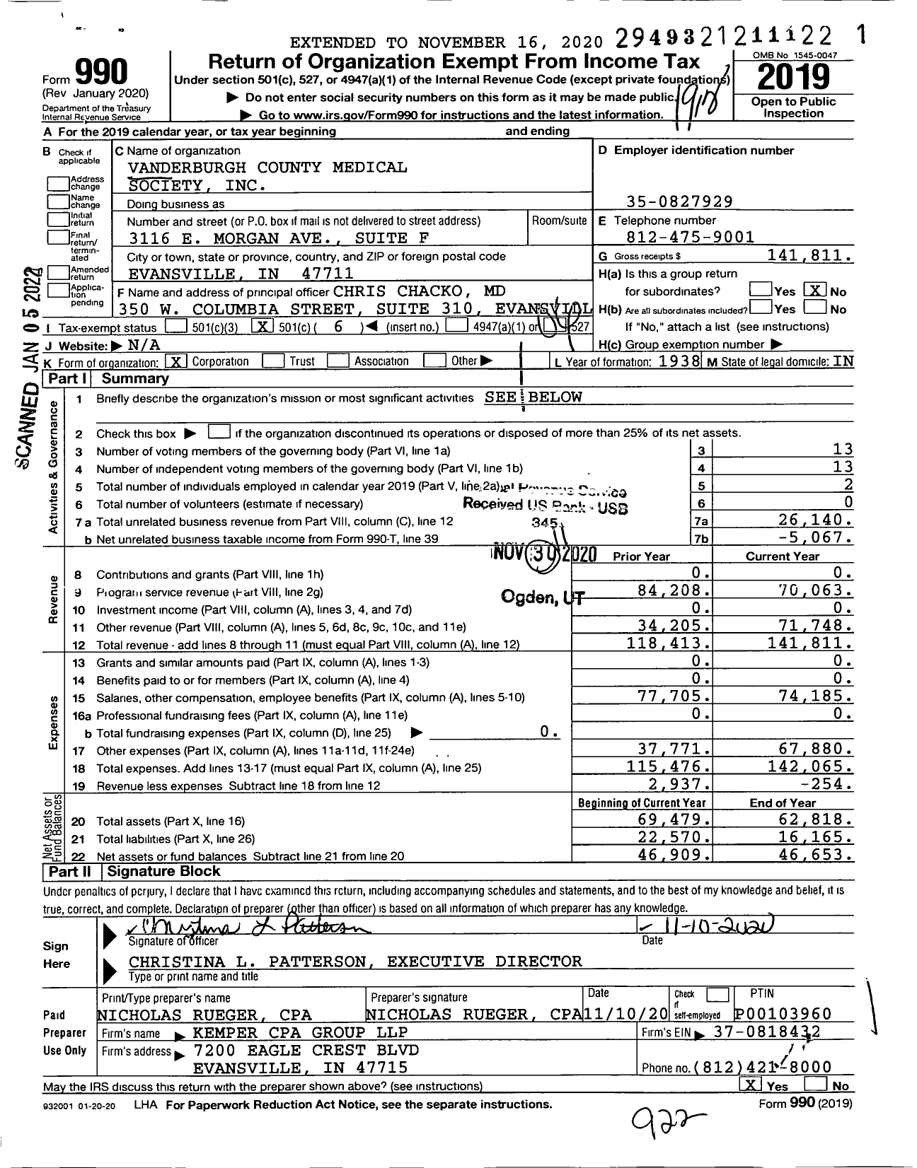 Image of first page of 2019 Form 990O for Vanderburgh County Medical Society