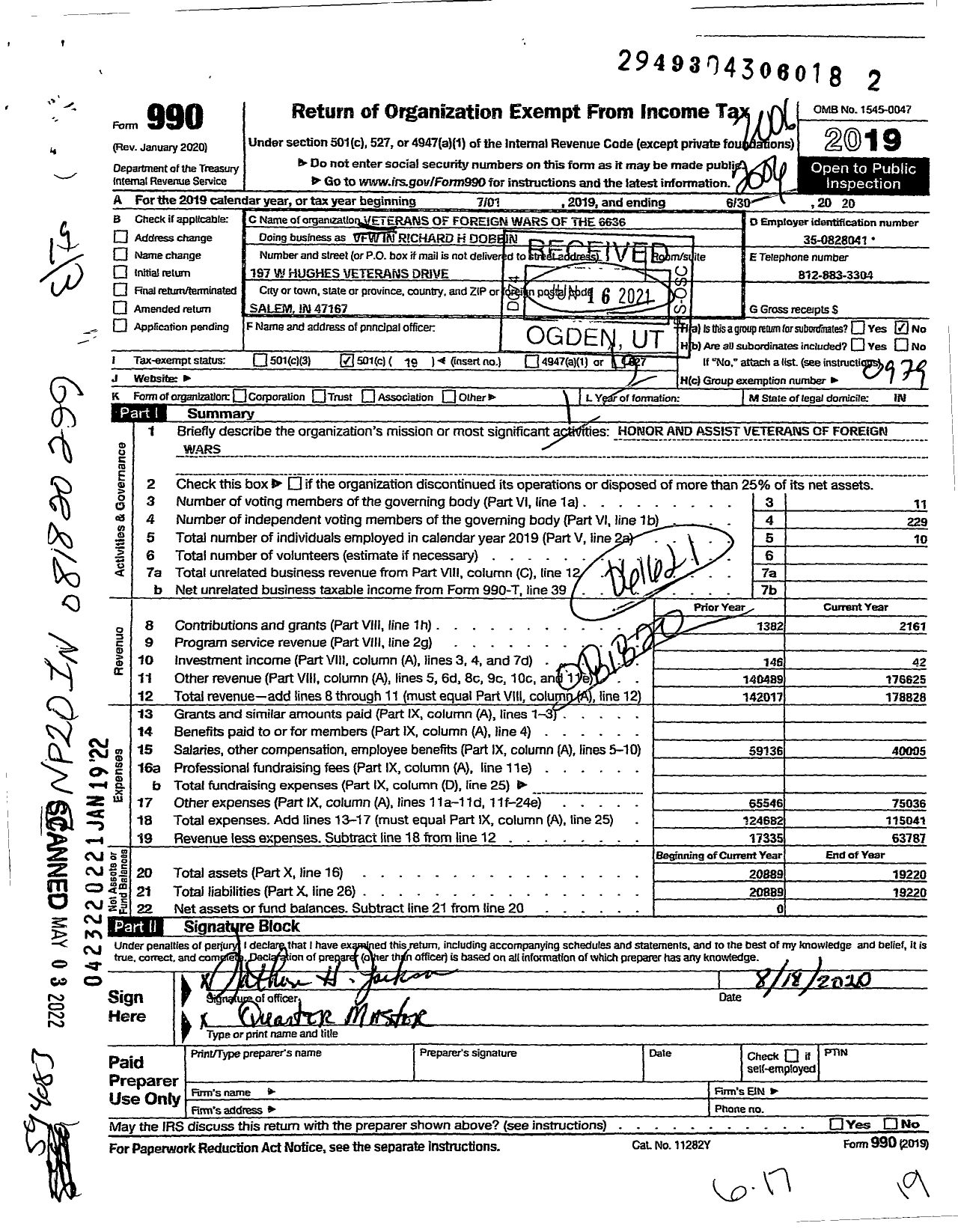 Image of first page of 2019 Form 990O for VFW Department of Indiana - 6636 Vfw-Ind Richard H Dobbins