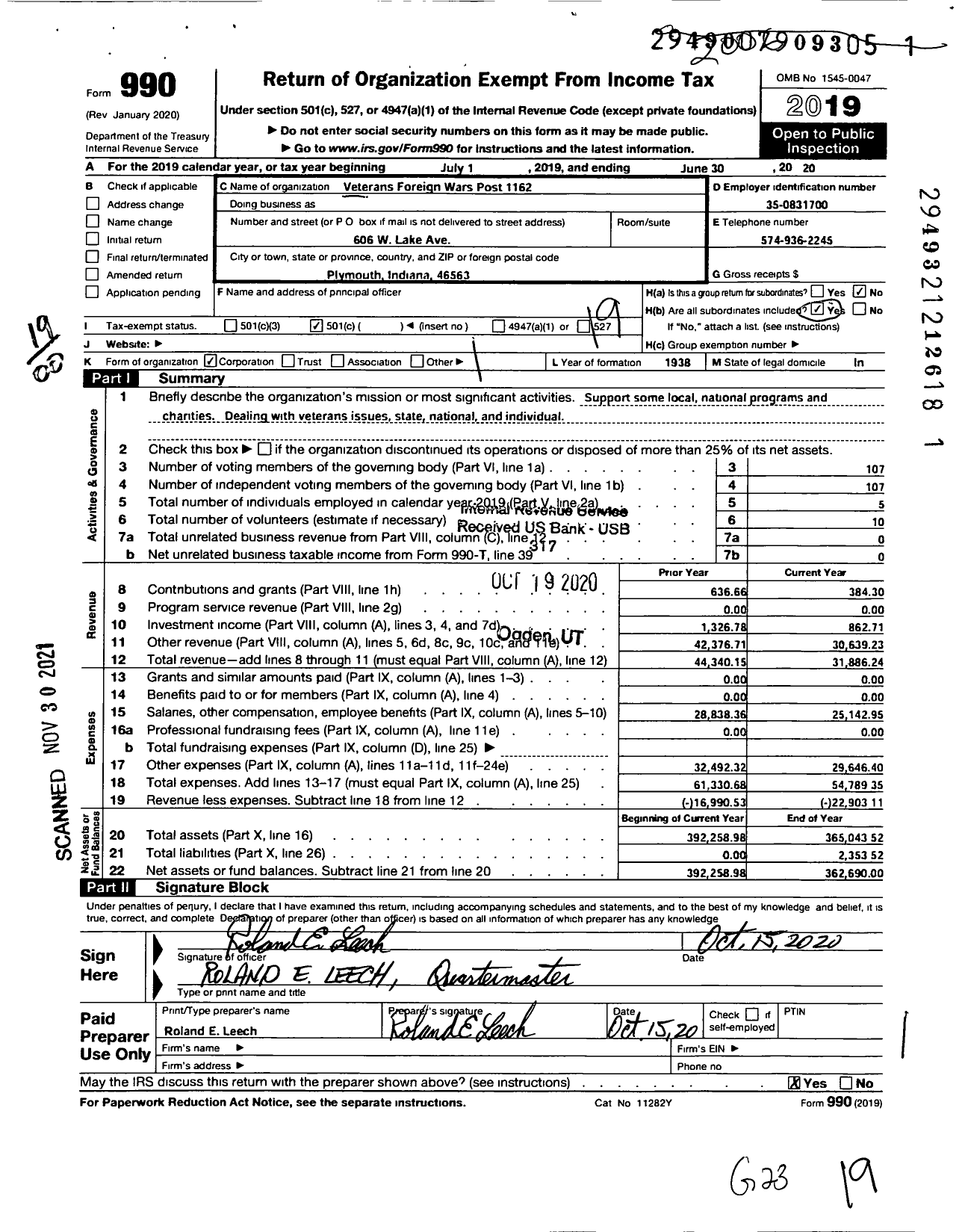Image of first page of 2019 Form 990O for VFW Department of Indiana - 1162 Marshall Bowman Post