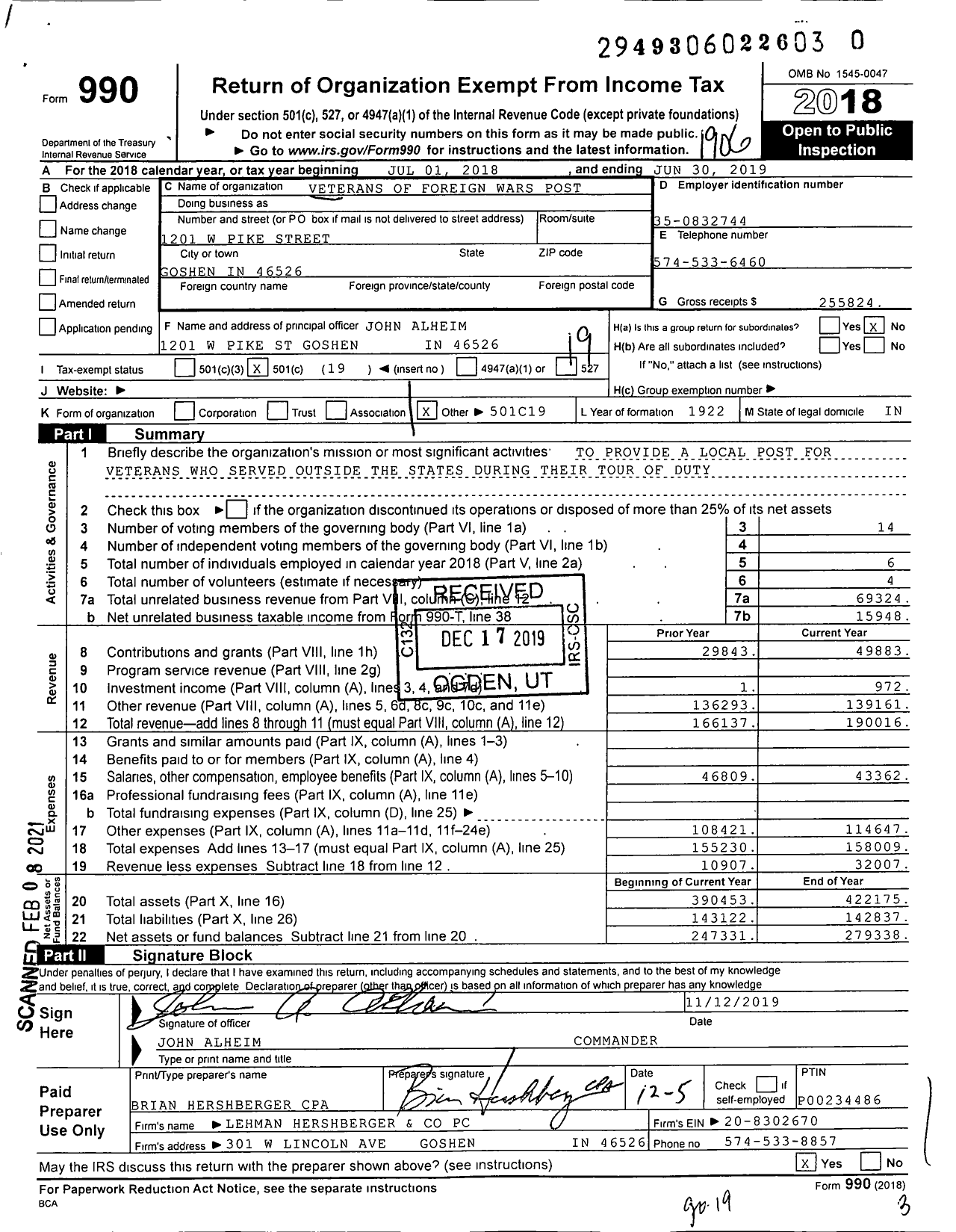 Image of first page of 2018 Form 990O for VFW Department of Indiana - 985 VFW Ind William A Books Post