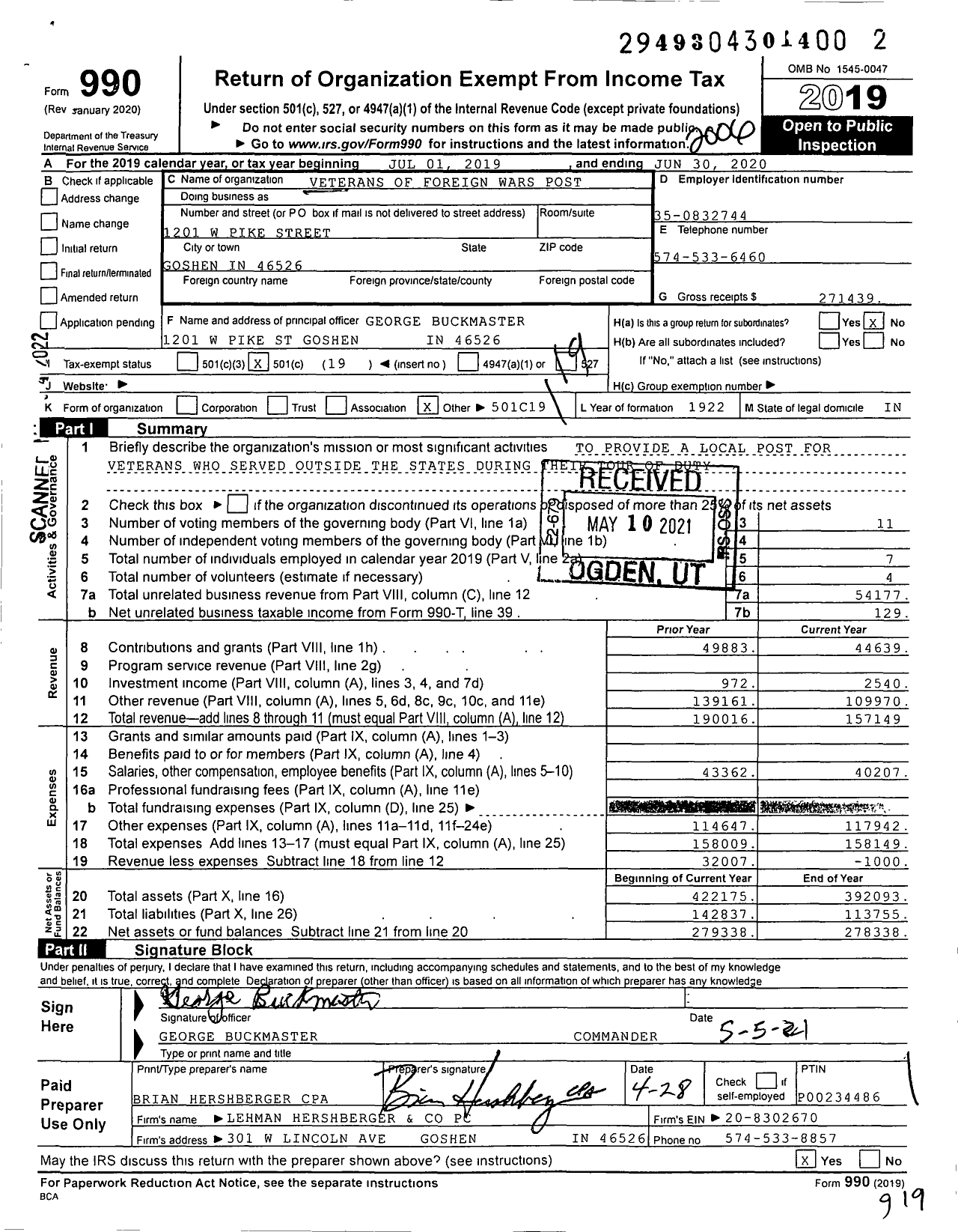 Image of first page of 2019 Form 990O for VFW Department of Indiana - 985 VFW Ind William A Books Post