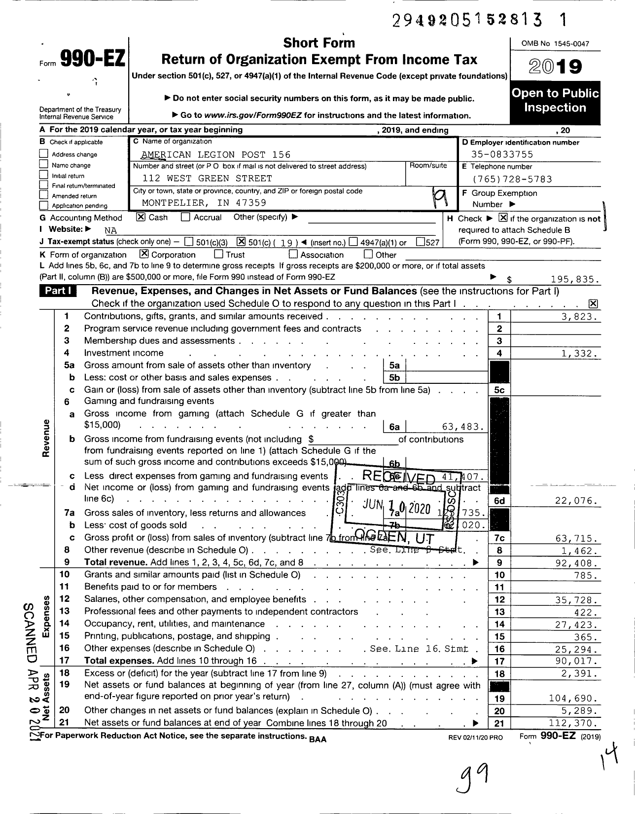 Image of first page of 2019 Form 990EO for American Legion Post 156