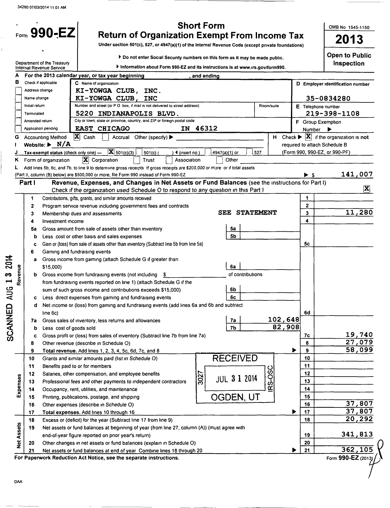 Image of first page of 2013 Form 990EZ for Ki Yowga Club