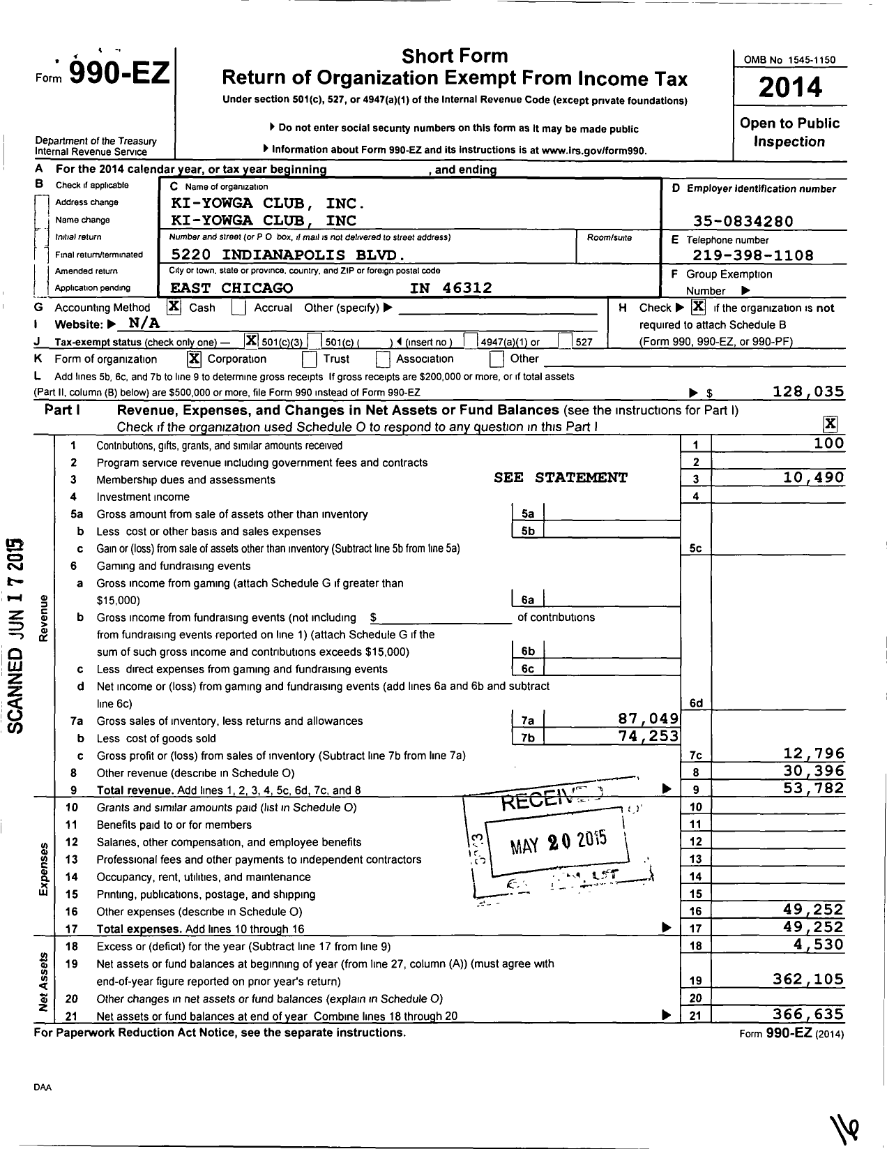 Image of first page of 2014 Form 990EZ for Ki Yowga Club