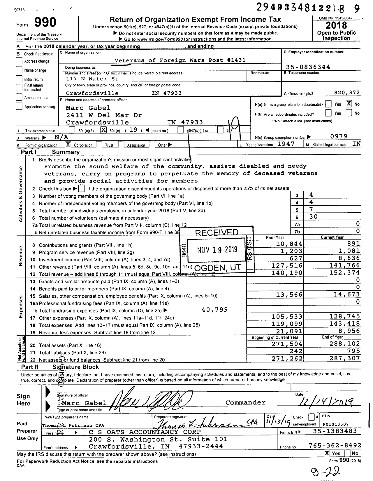 Image of first page of 2018 Form 990O for VFW Department of Indiana - 1431 Rian Bowman Post