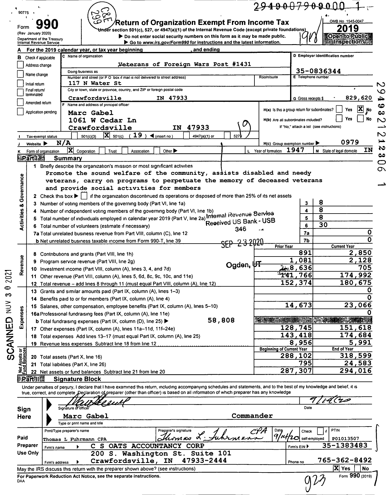 Image of first page of 2019 Form 990O for VFW Department of Indiana - 1431 Rian Bowman Post