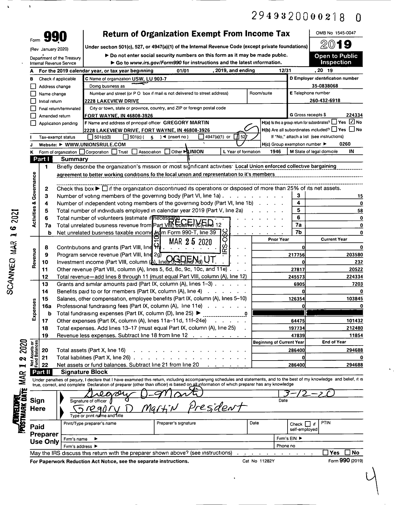 Image of first page of 2019 Form 990O for United Steelworkers - Local Union 903