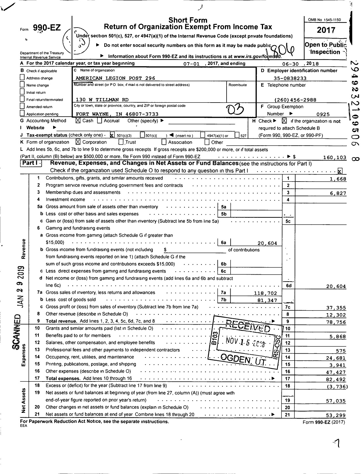 Image of first page of 2017 Form 990EZ for American Legion - 296 David Parrish