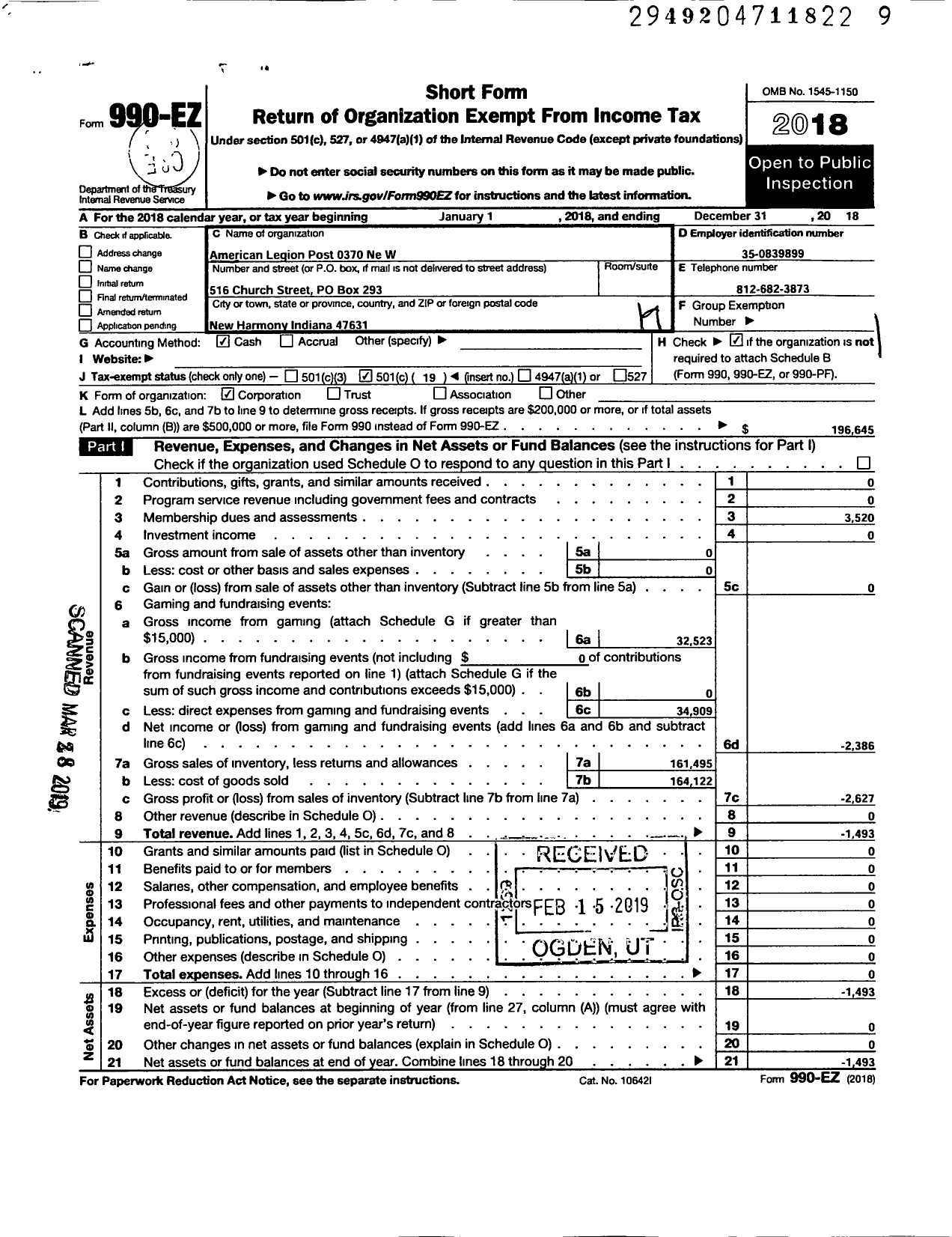 Image of first page of 2018 Form 990EO for American Legion Post 0370 Ne W