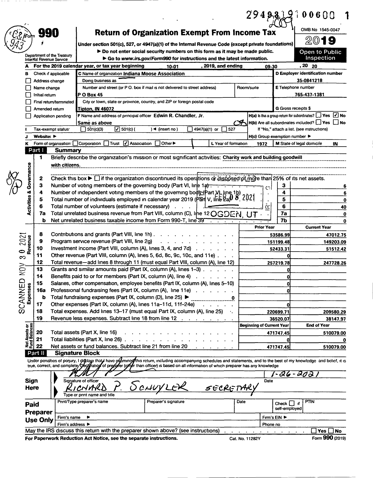 Image of first page of 2019 Form 990O for Indiana Moose Association