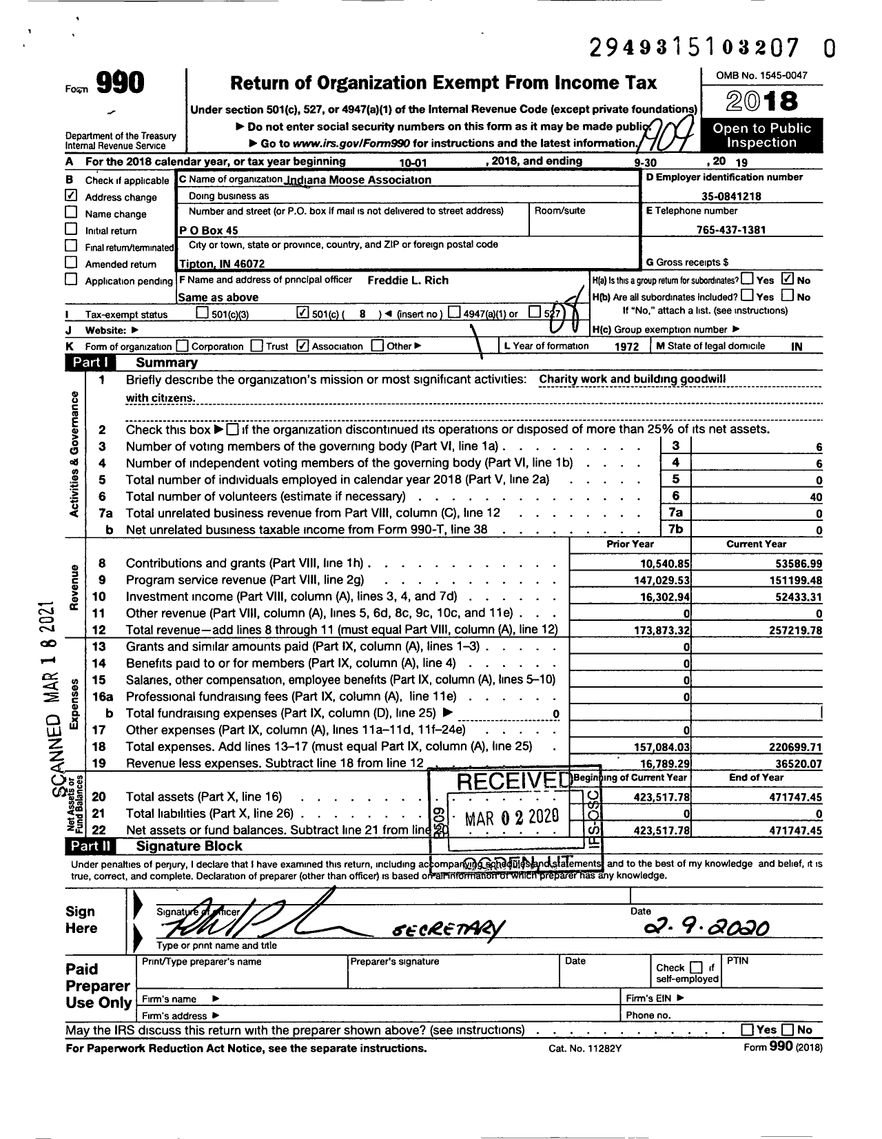 Image of first page of 2018 Form 990O for Indiana Moose Association